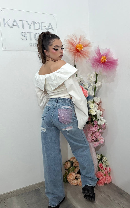 Jeans WideLeg cu buzunar cu piatra roz ștanțată ANELIS