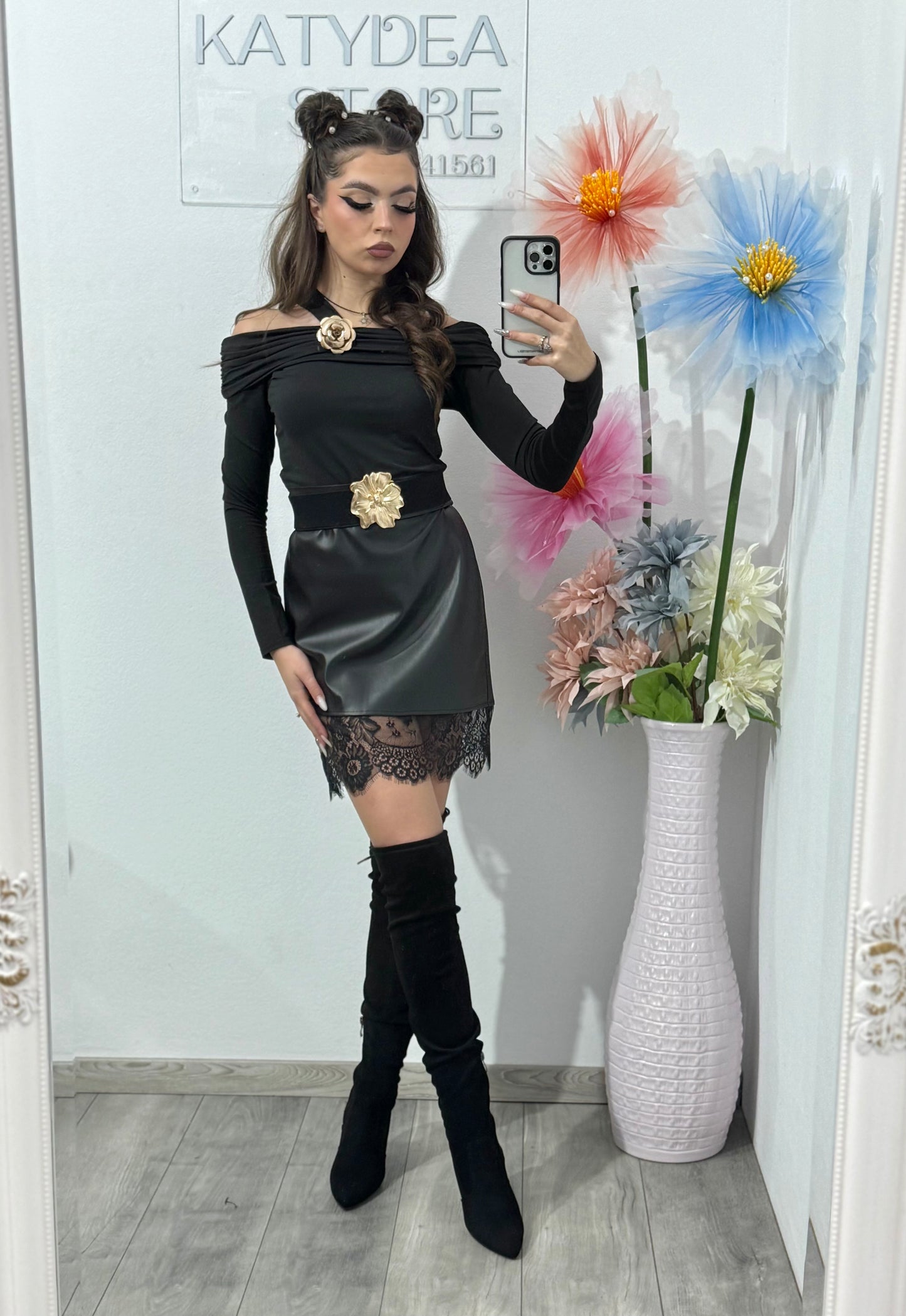 Fustă din imitație de piele și dantelă ELIZA