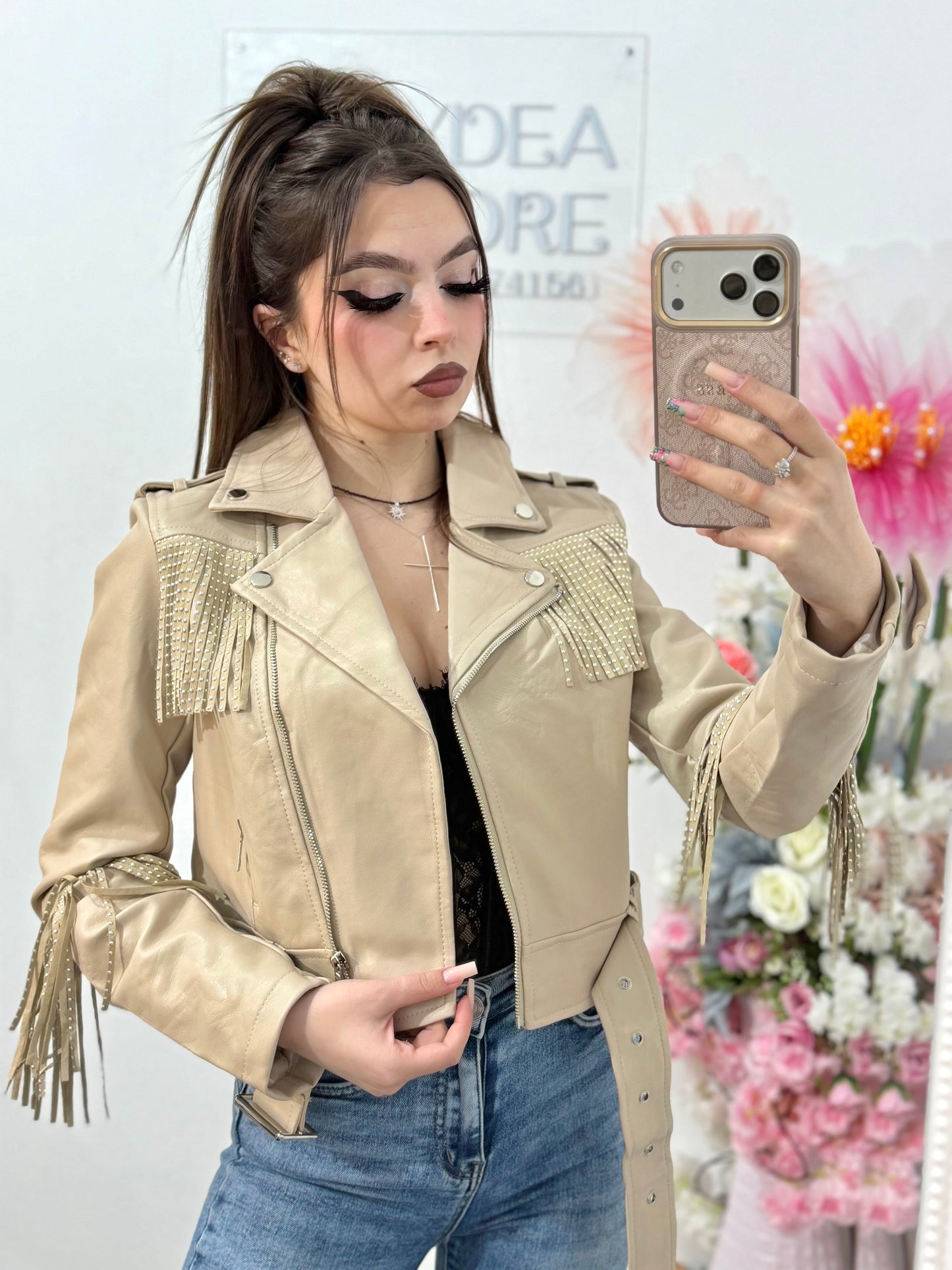 Geacă din imitație de piele cu franjuri bej MARA