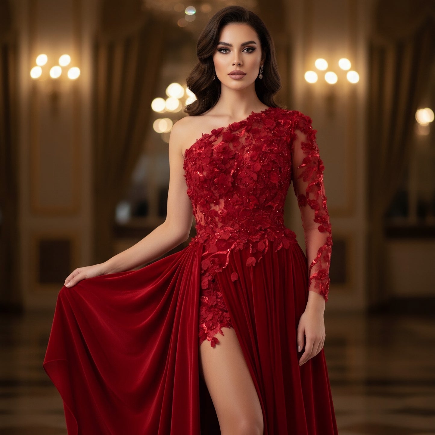Rochie rosie spectaculoasă din catifea și dantelă DELUXE