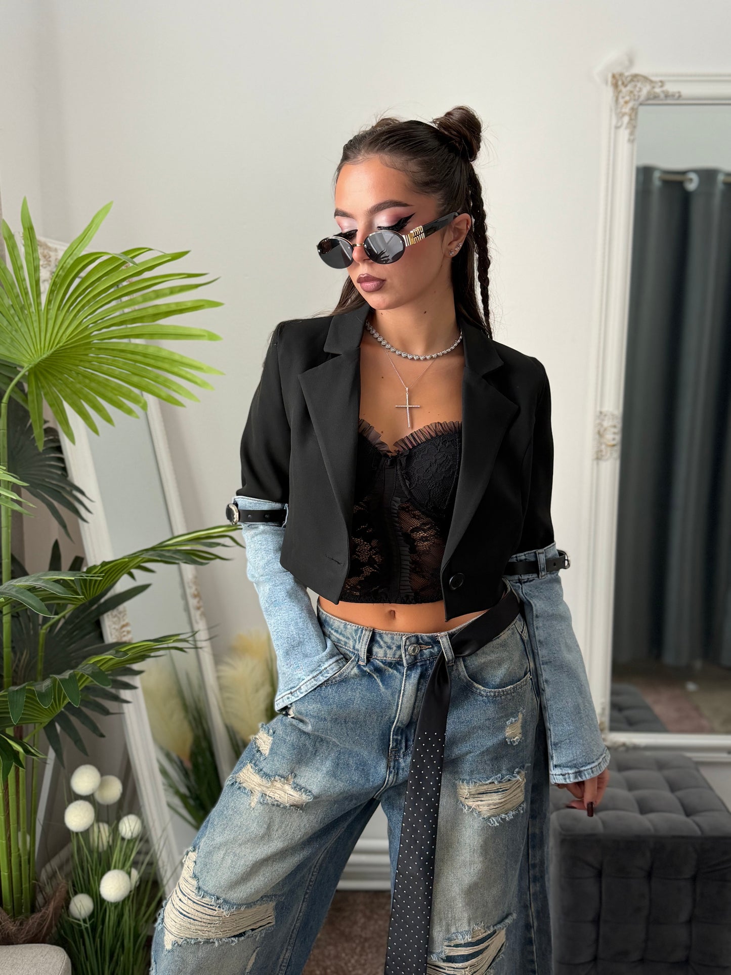 Sacou crop cu mânecă din denim