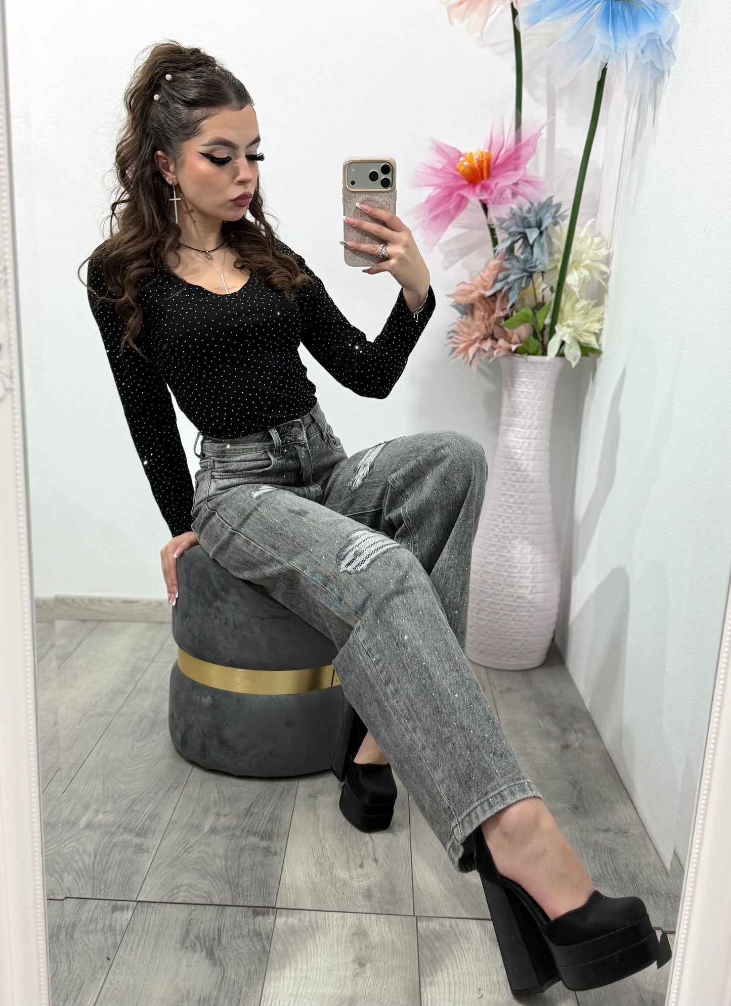 Jeans WideLeg cu cristale ștanțate  gri ROSE