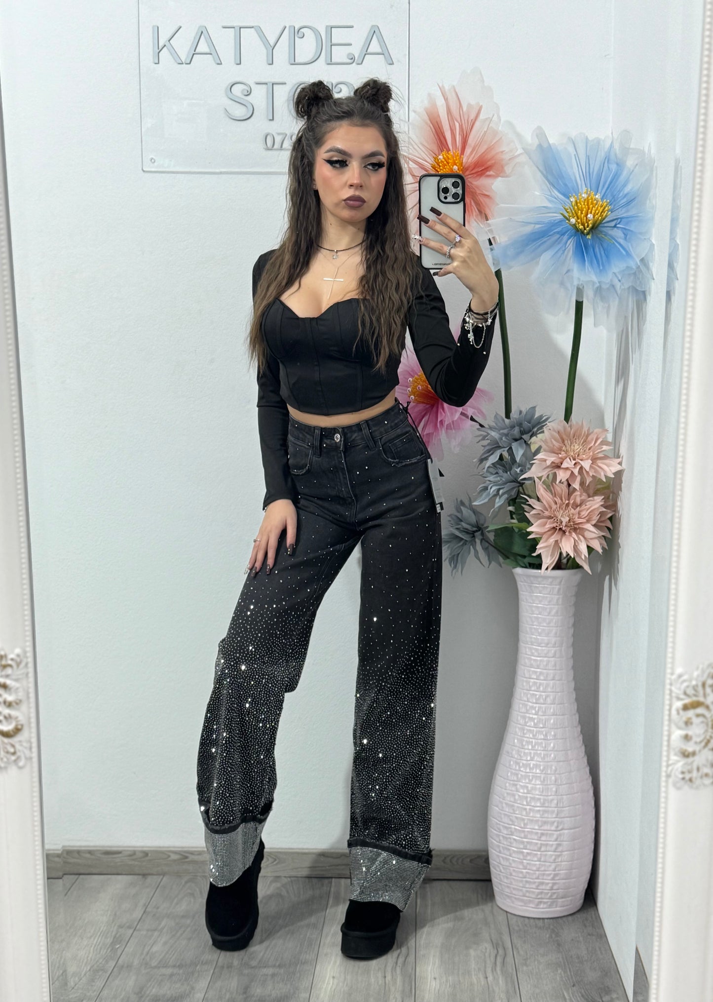 Jeans WideLeg cu cristale ștanțate negri Paulina