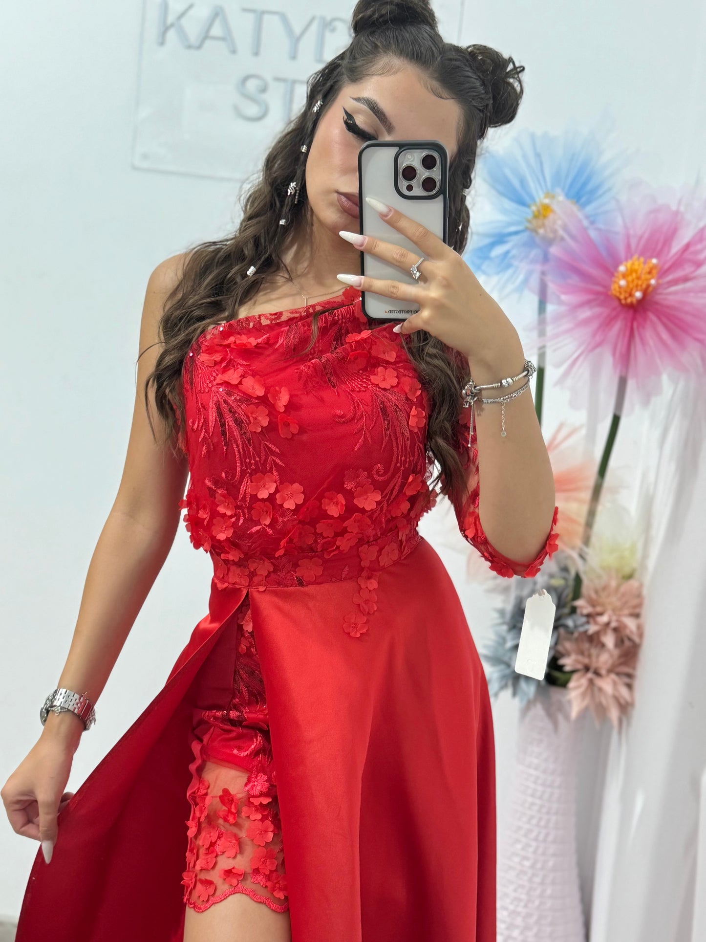 Rochie elegantă lungă cu dantelă 3D roșie Zonia