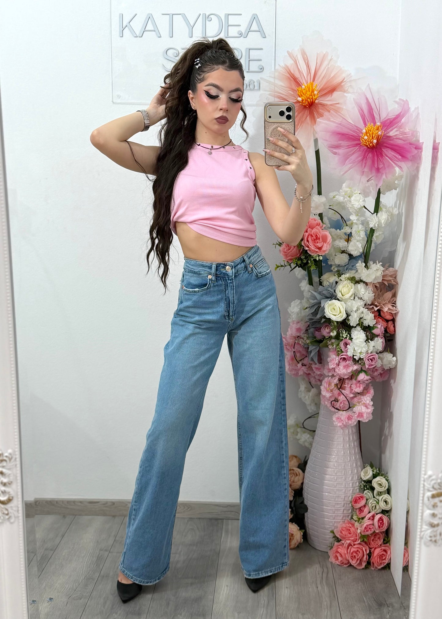 Jeans WideLeg cu buzunar cu piatra roz ștanțată ELIZA