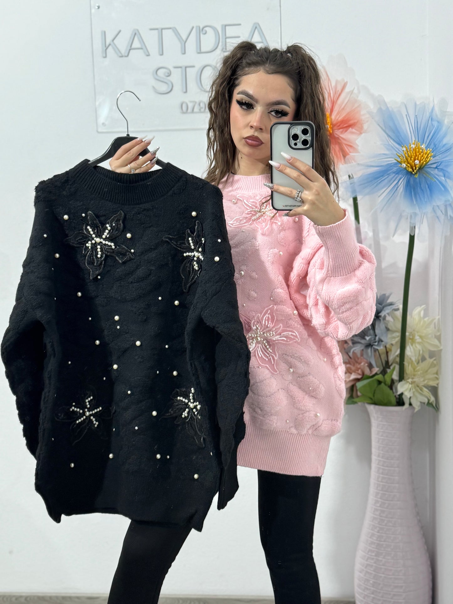 Pulover cu perle și flori 3D ELLA