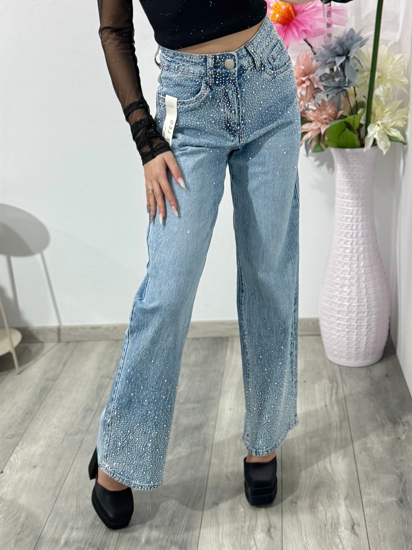Jeans WideLeg albaștri cu cristale ELLENA