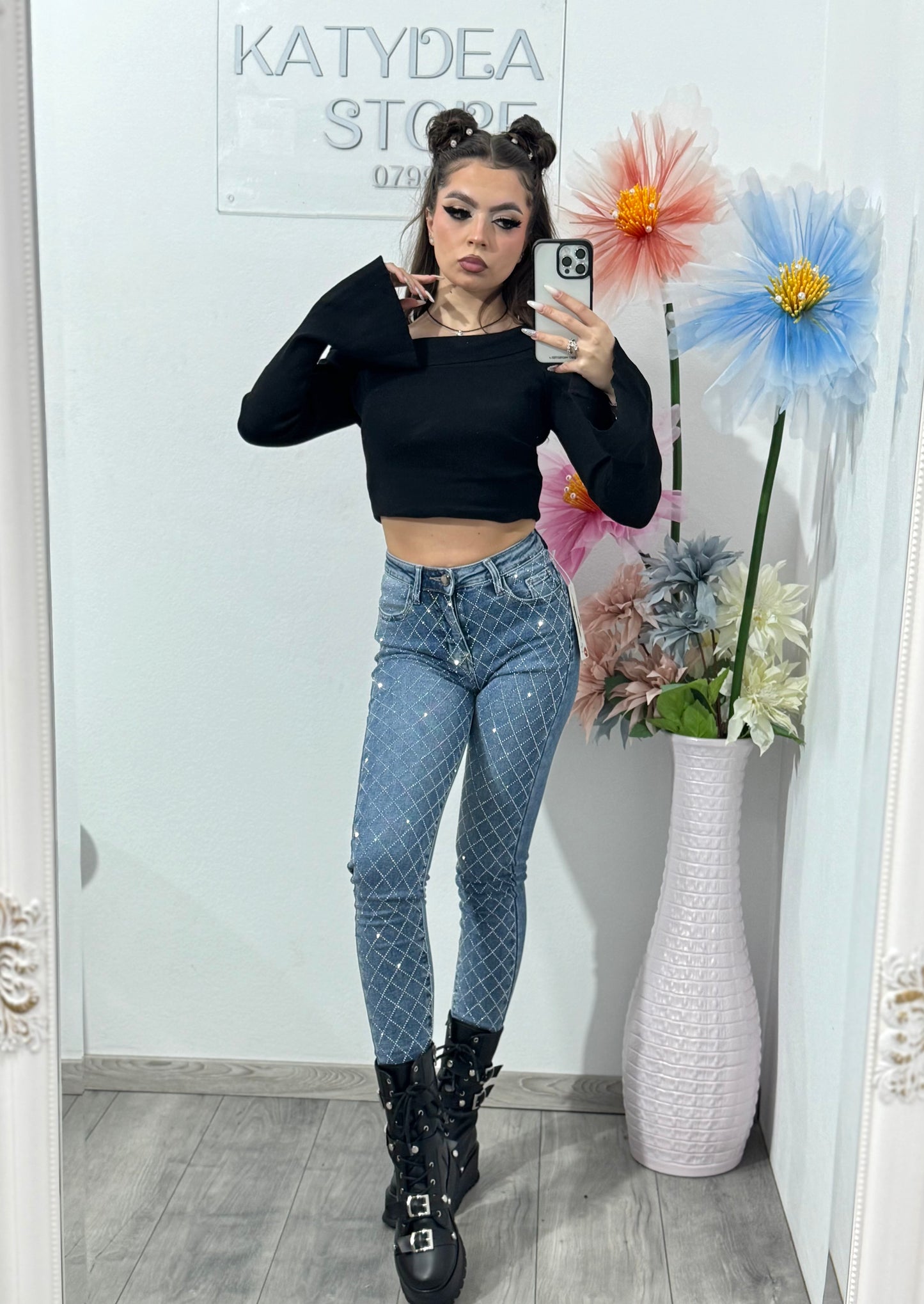 Jeans skinny albaștri cu cristale ștanțate DANY