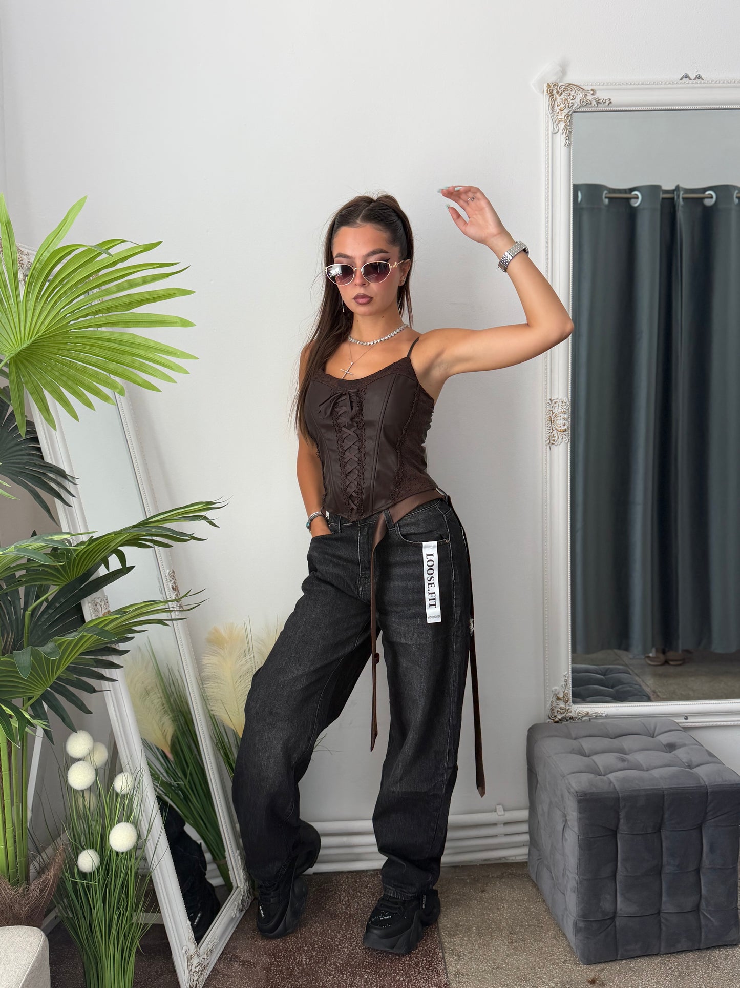 Top tip corset din imitație de piele maro