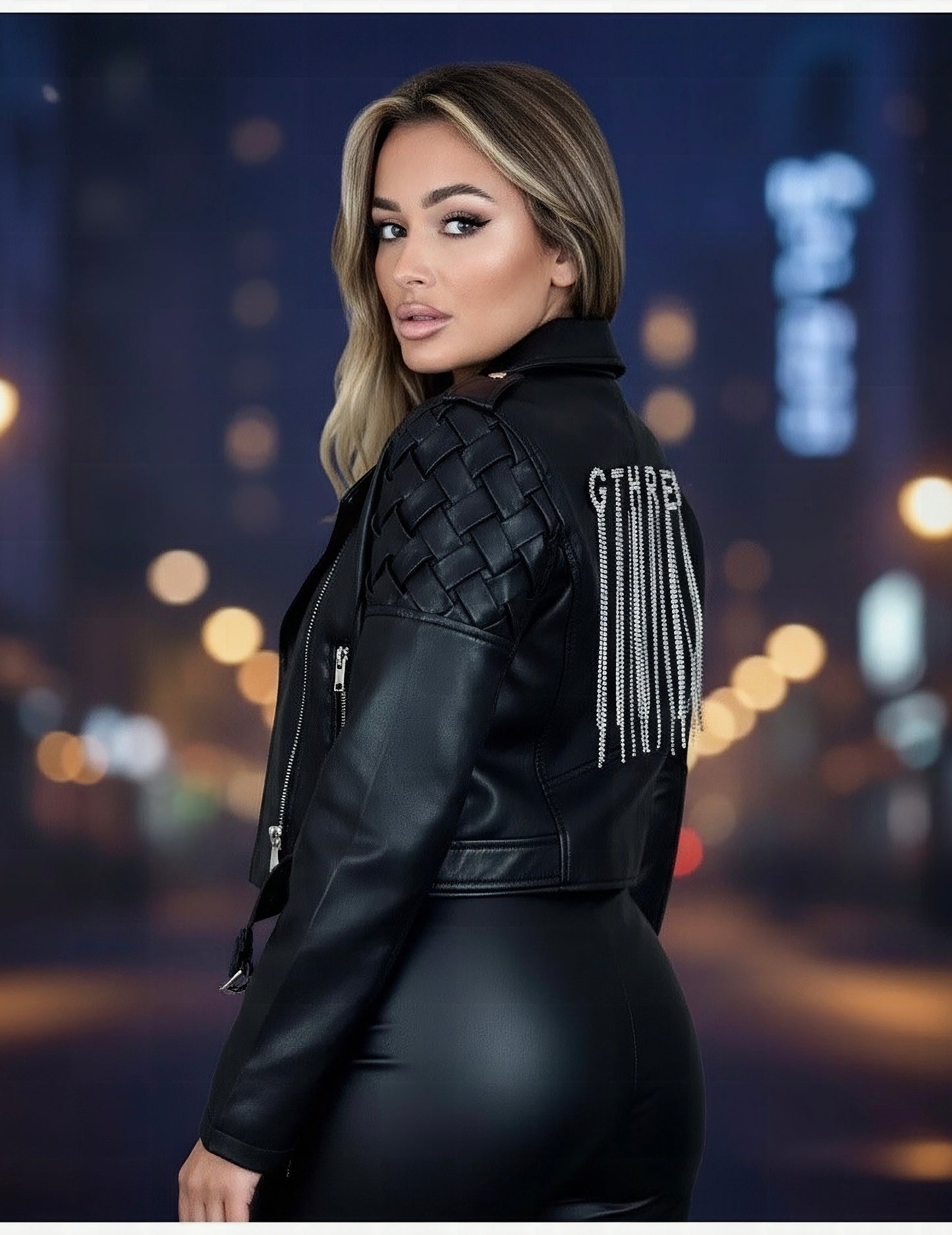 Geacă din imitație de piele cu lanț decorativ XONIA