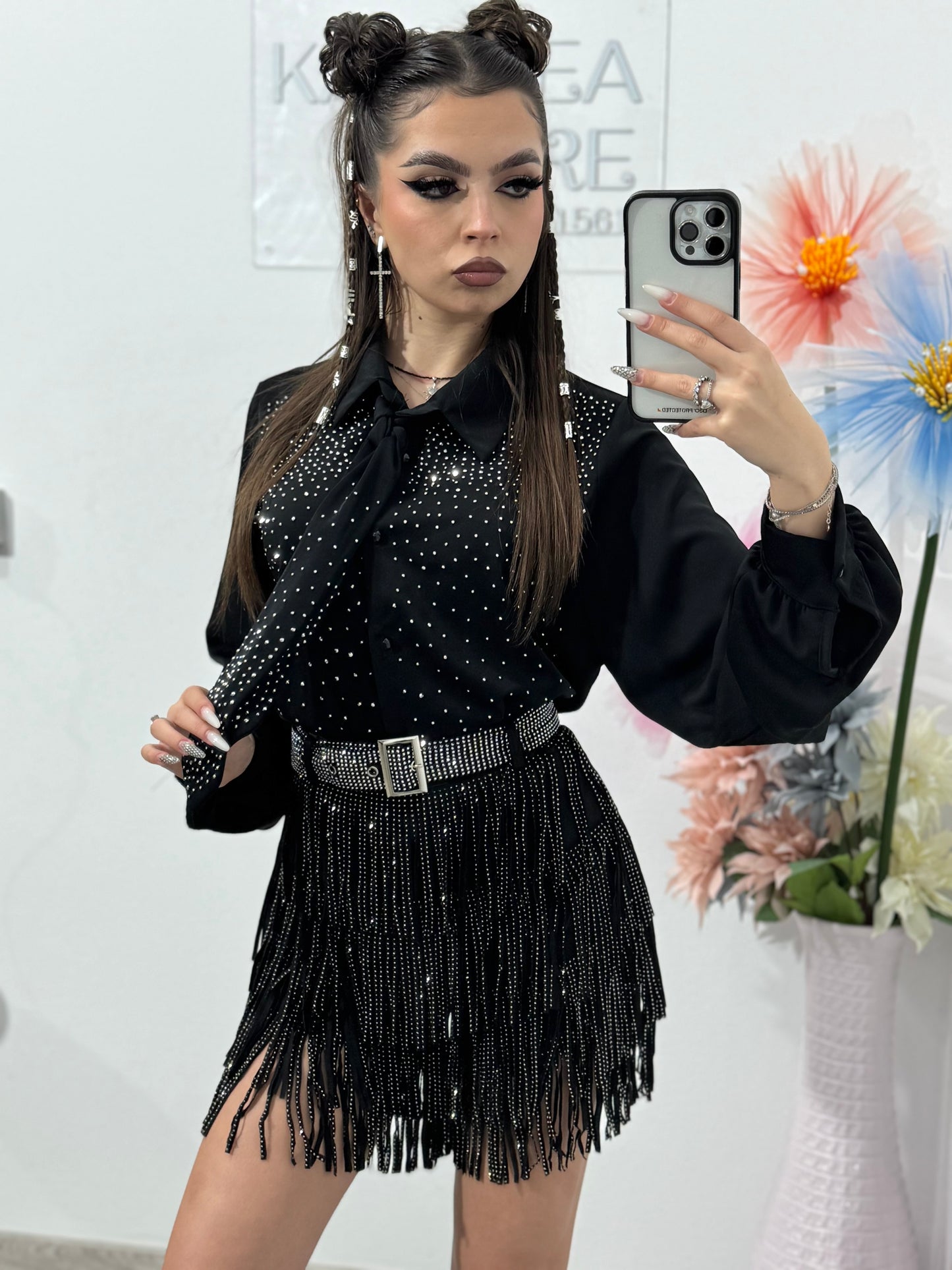 Fustă-pantalon din piele întoarsă și cristale ANDREEA