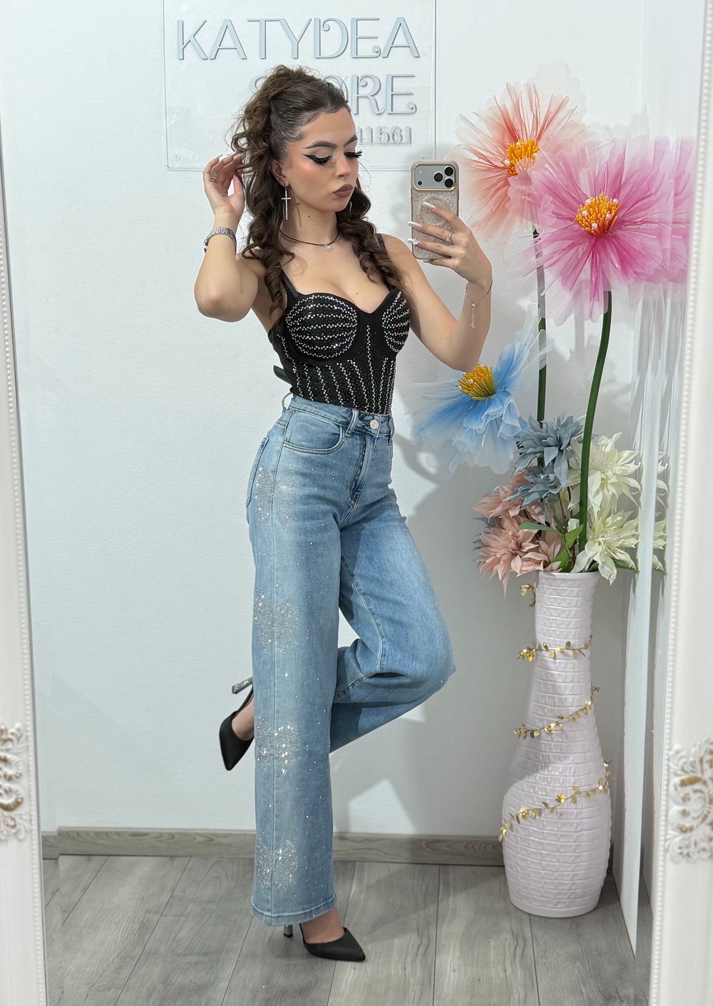 Blugi WideLeg albaștri cu fundițe ștanțate