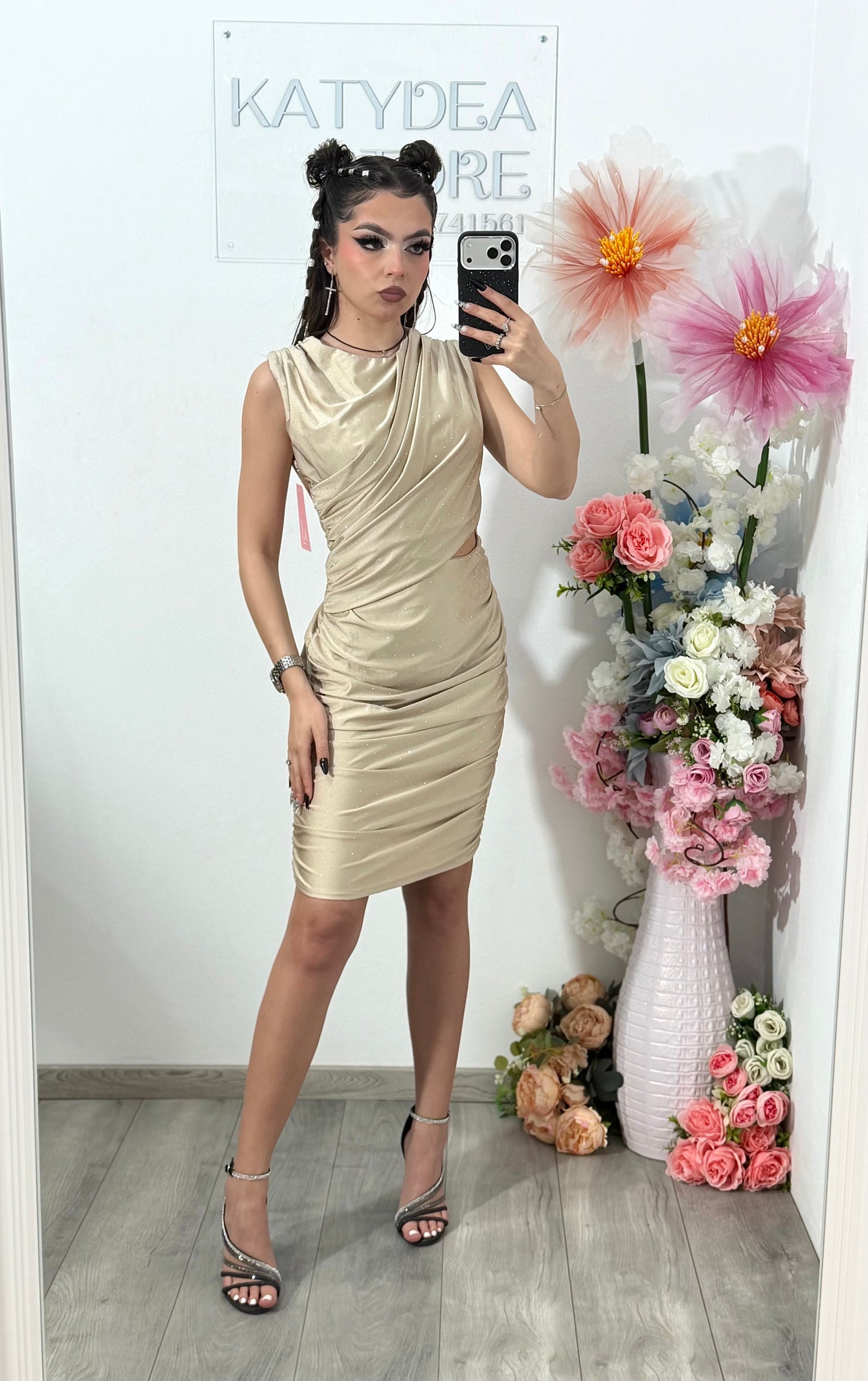 Rochie elegantă cu cristale ștanțate bej SELENA