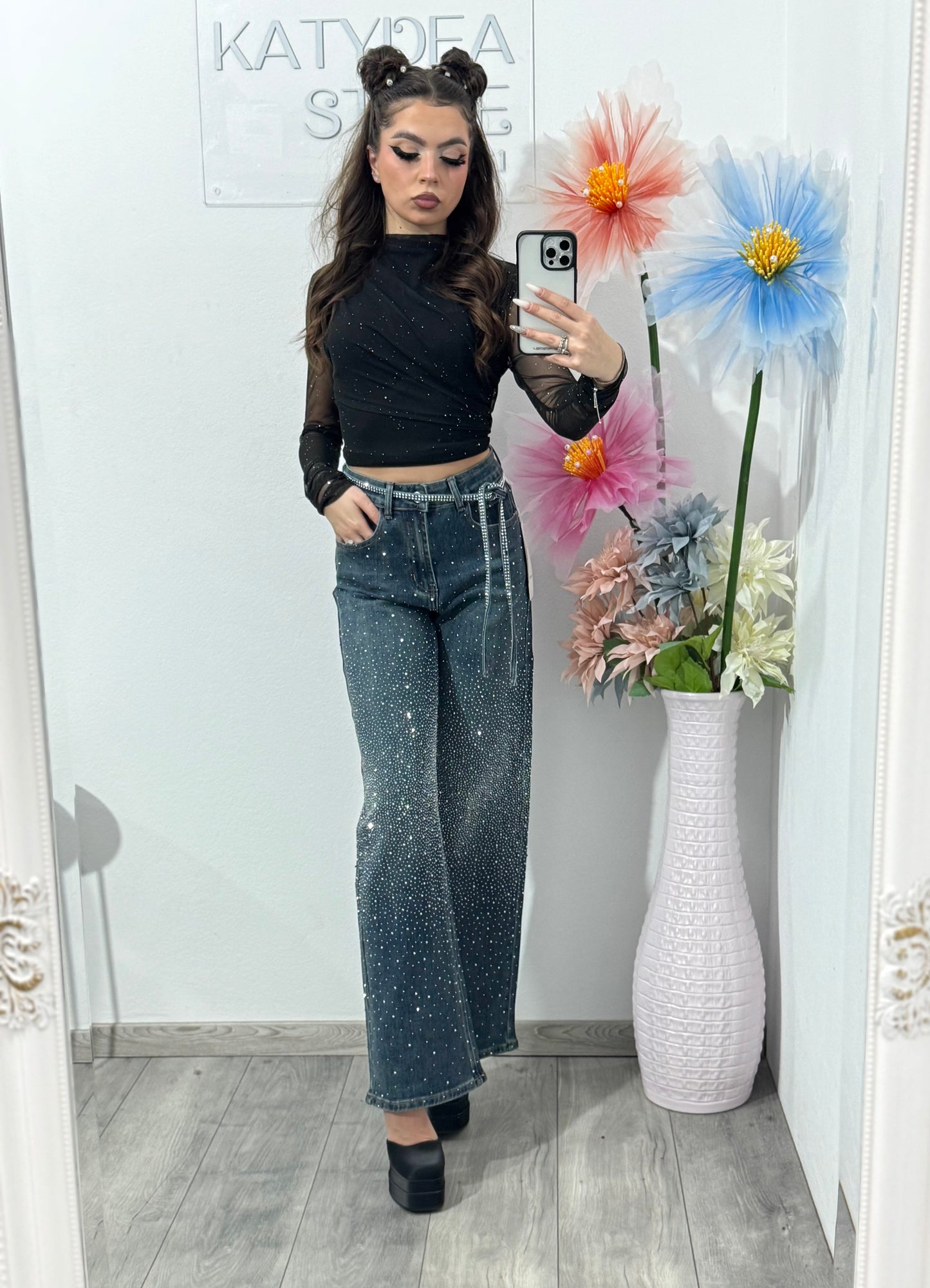 Jeans WideLeg cu cristale ștanțate XONIA