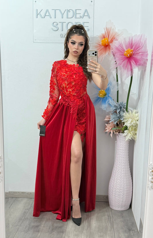 Rochie rosie spectaculoasă din catifea și dantelă DELUXE