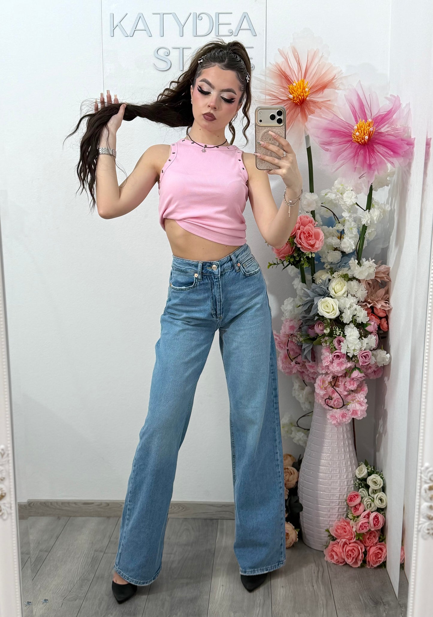 Jeans WideLeg cu buzunar cu piatra roz ștanțată ELIZA