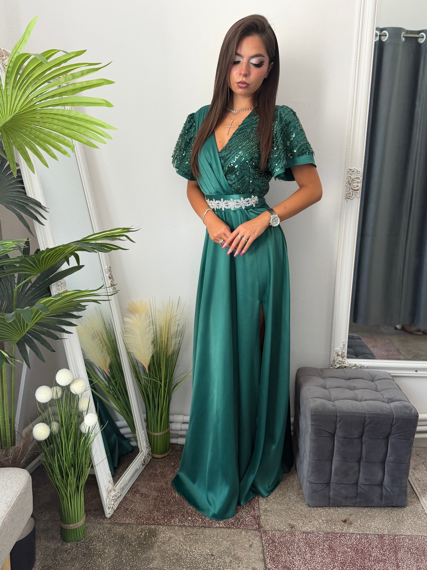 Rochie lungă din tafta verde smarald EDA