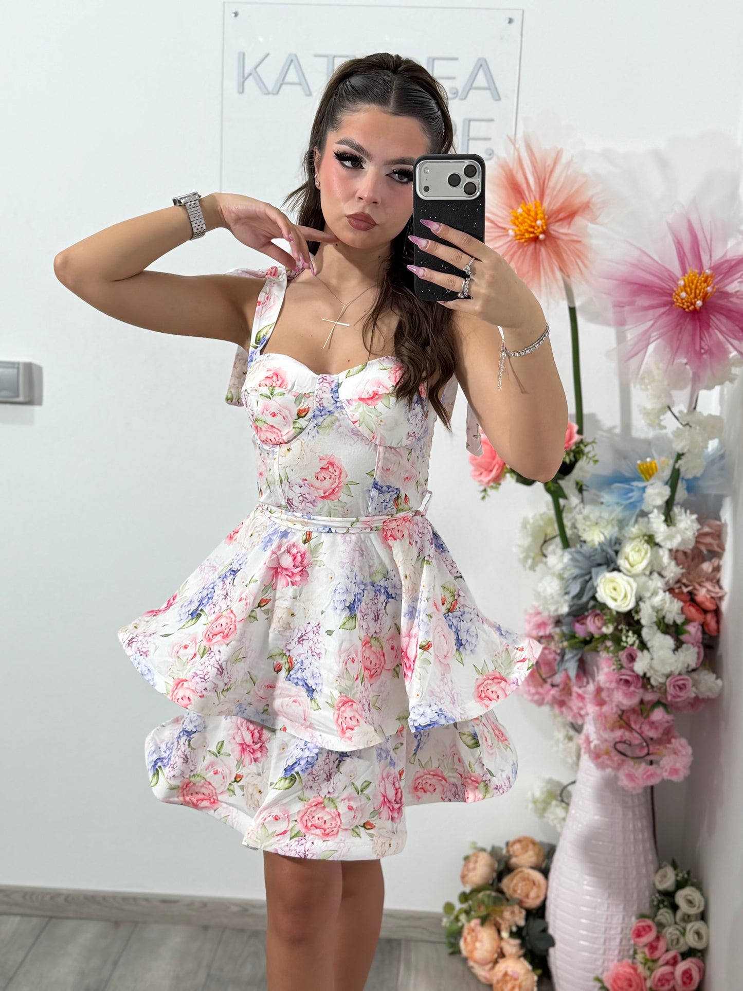 Rochie florală cu volane pink DEEA