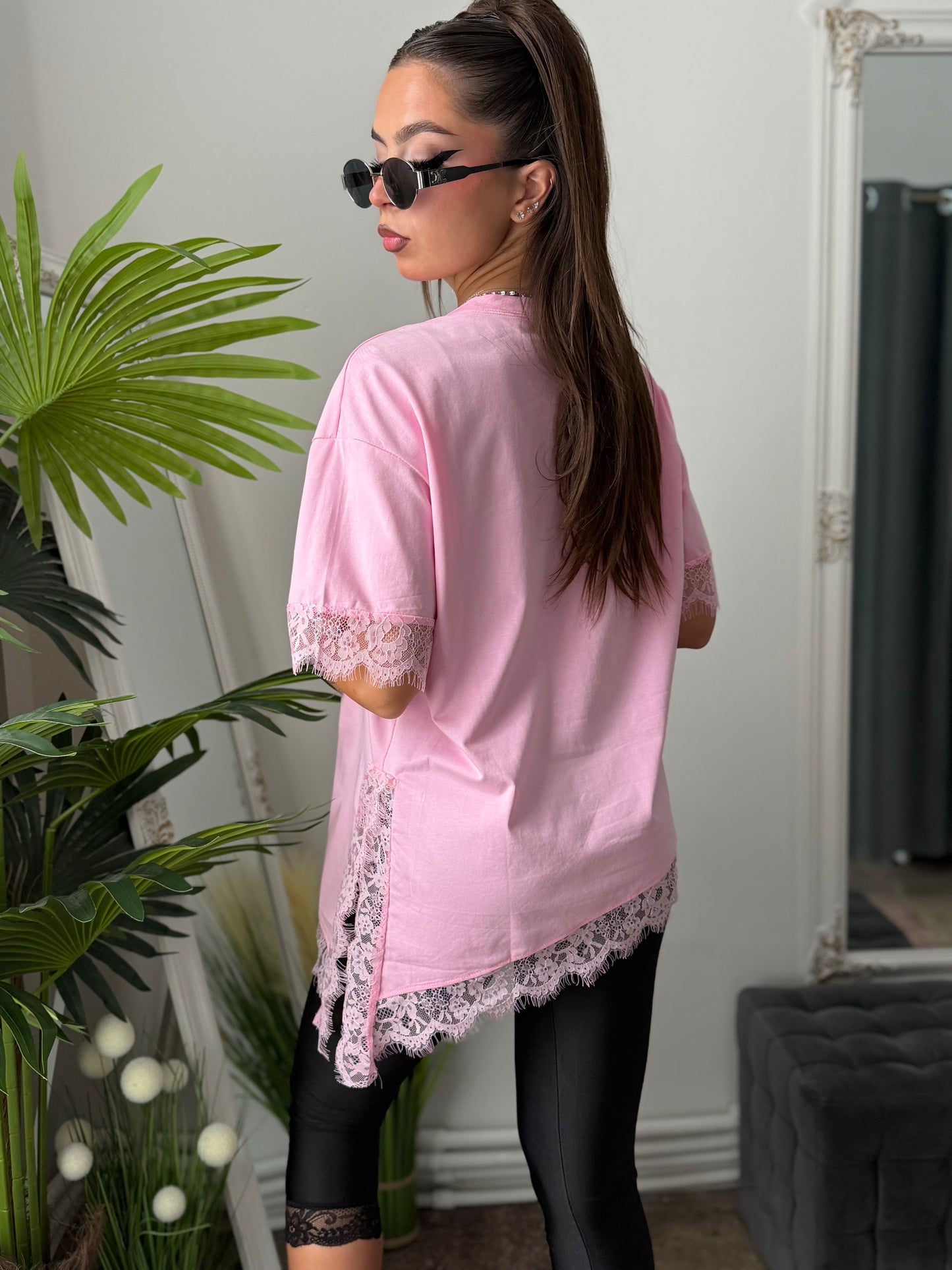 Tricou cu dantelă roz SARA