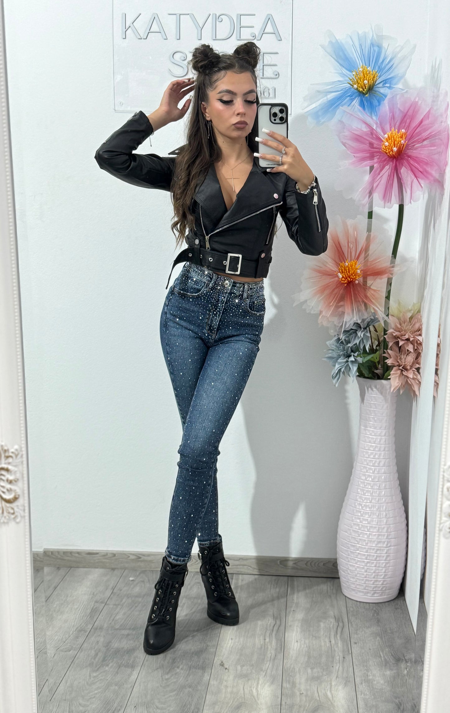 Blugi skinny cu cristale Miss Bonbon albaștri