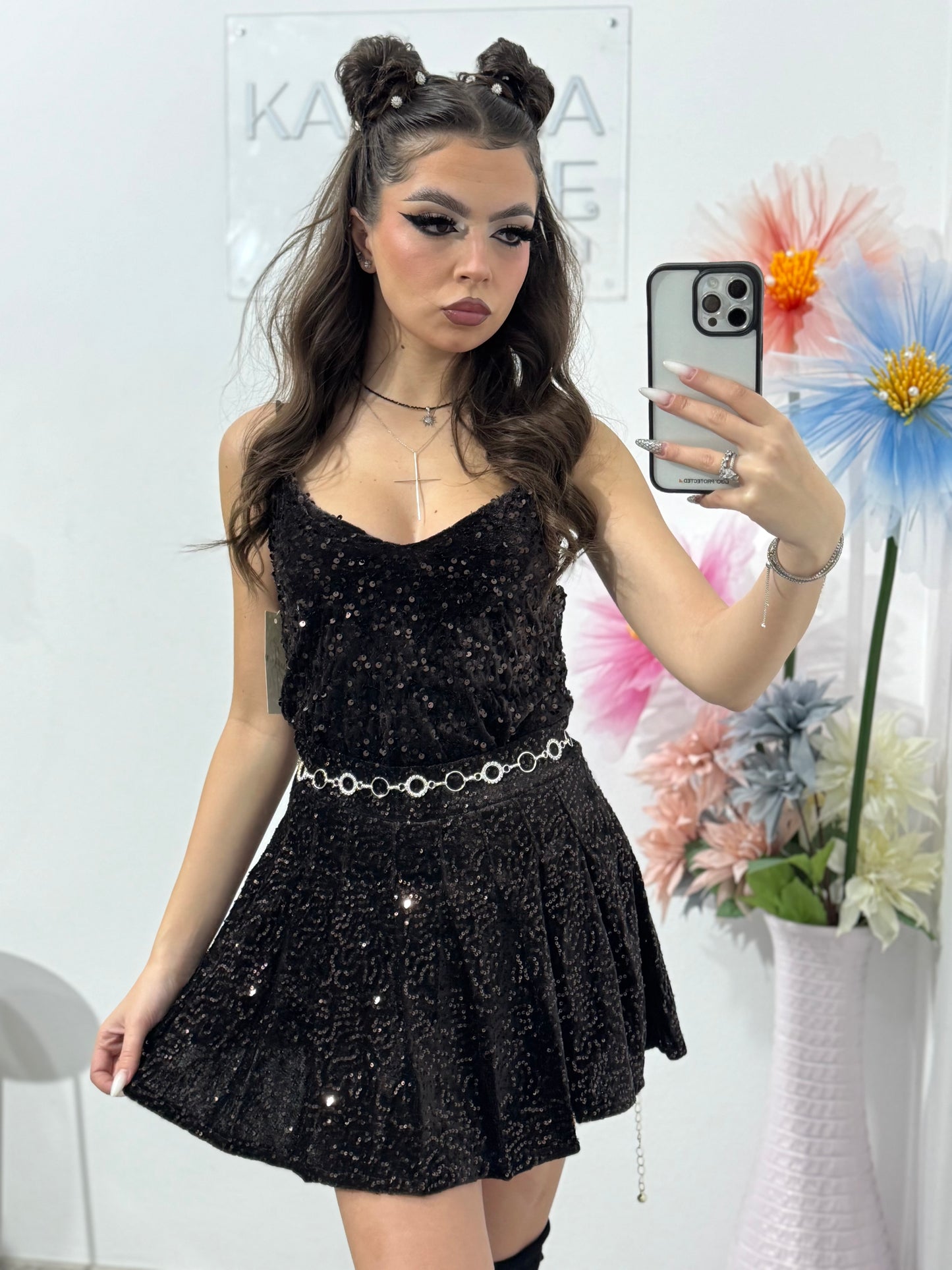 Fustă-pantalon plisată din paiete maro DELIA