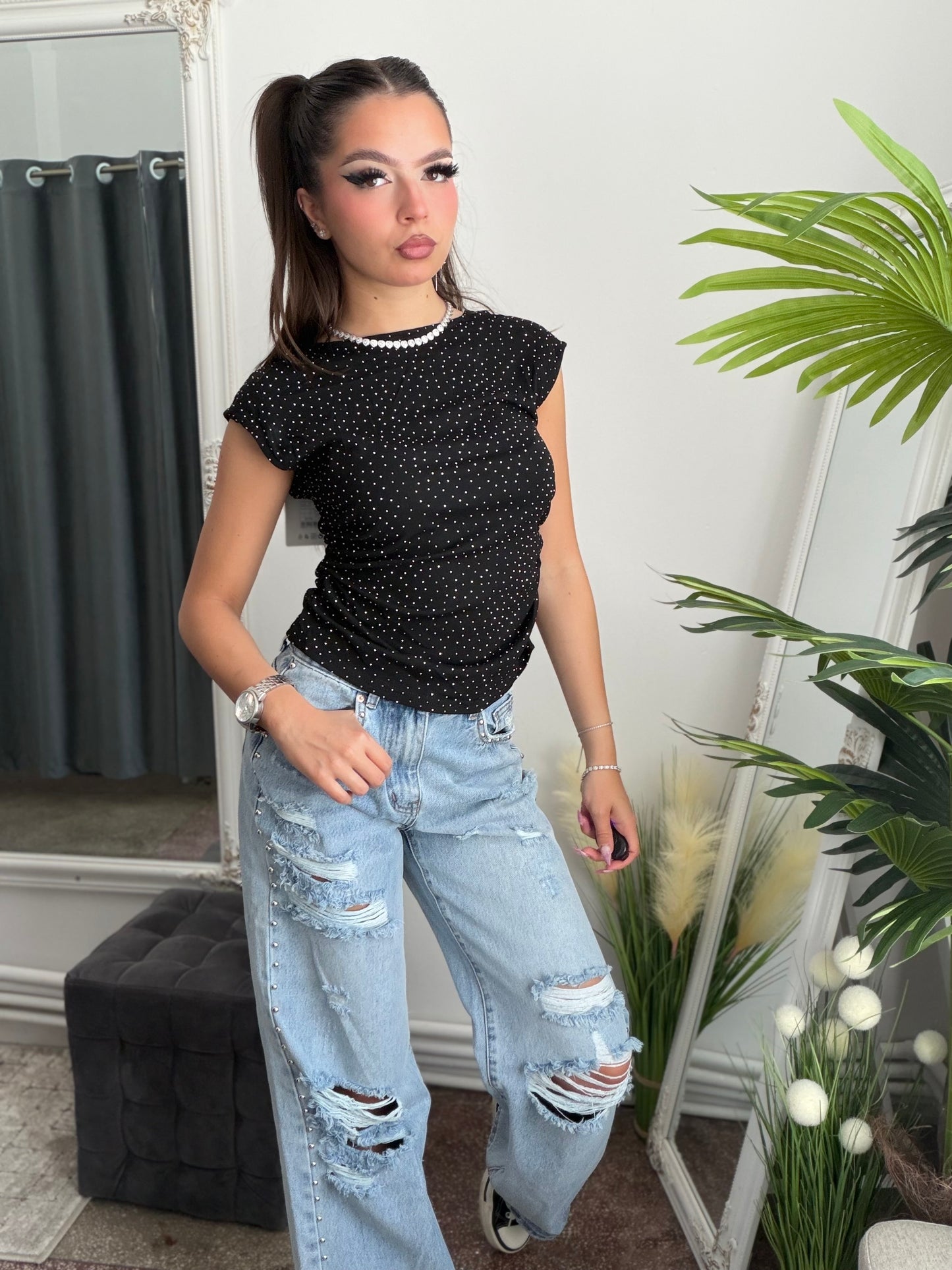 Tricou full cristale negru RAMONA