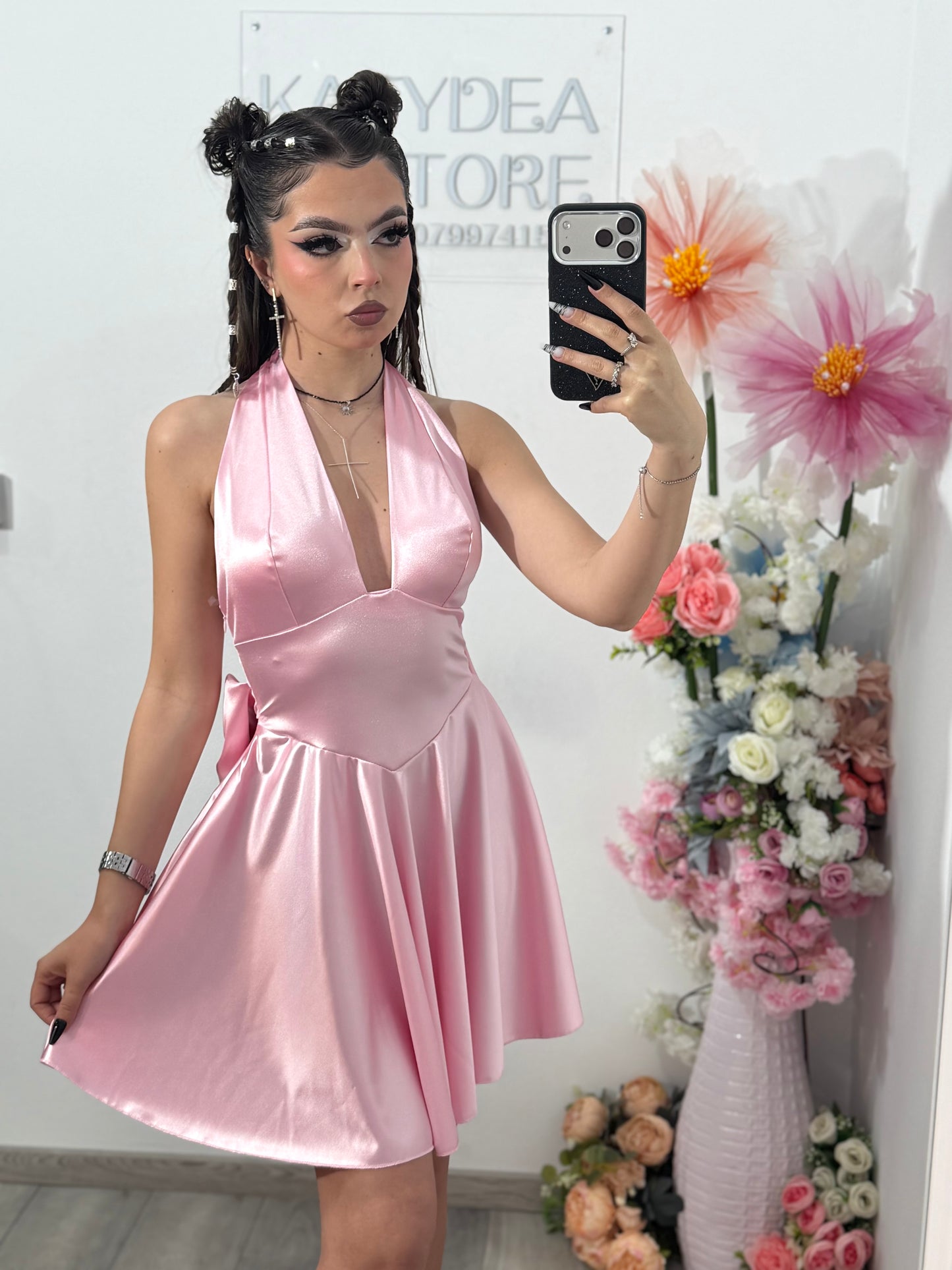 Rochie satinata cu funda BELLE roz pudra