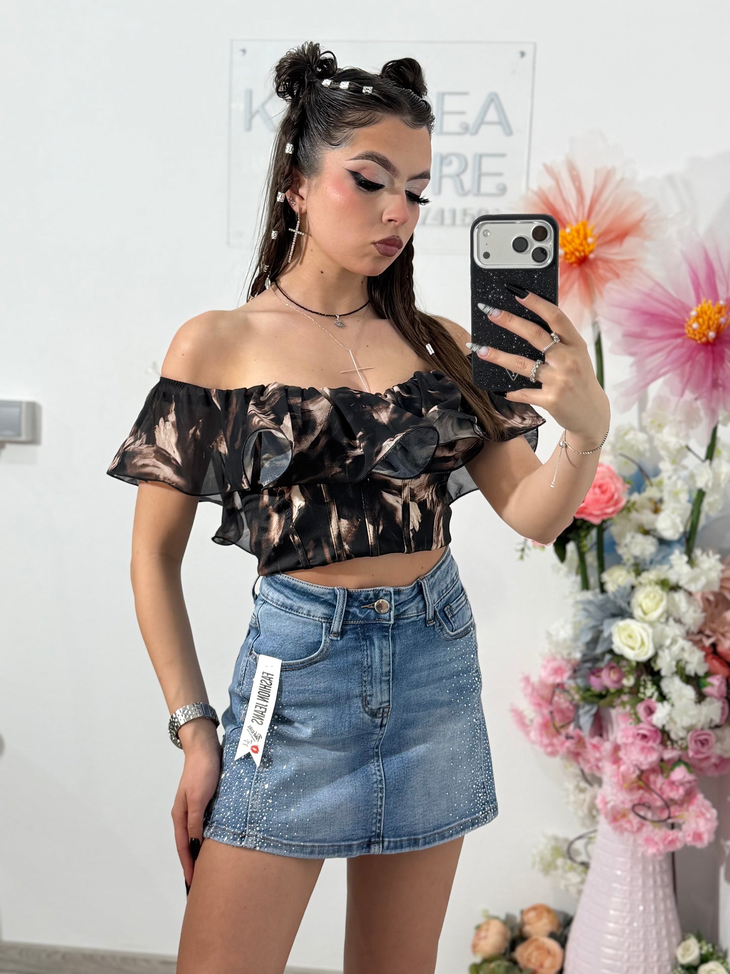 Fusta pantalon din denim albastru cu cristale argintii