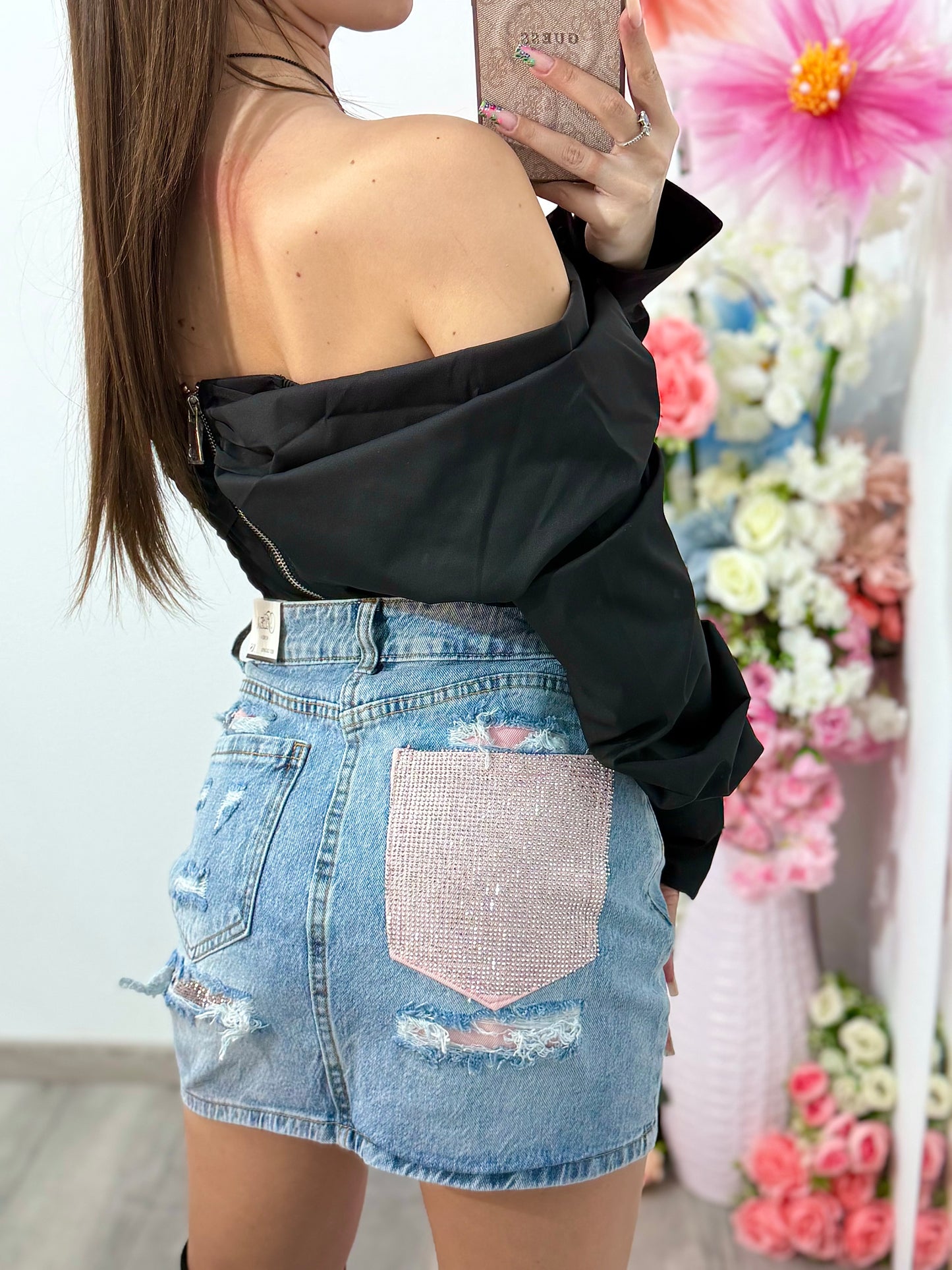 Fustă din denim cu buzunar roz cu cristale RAMONA