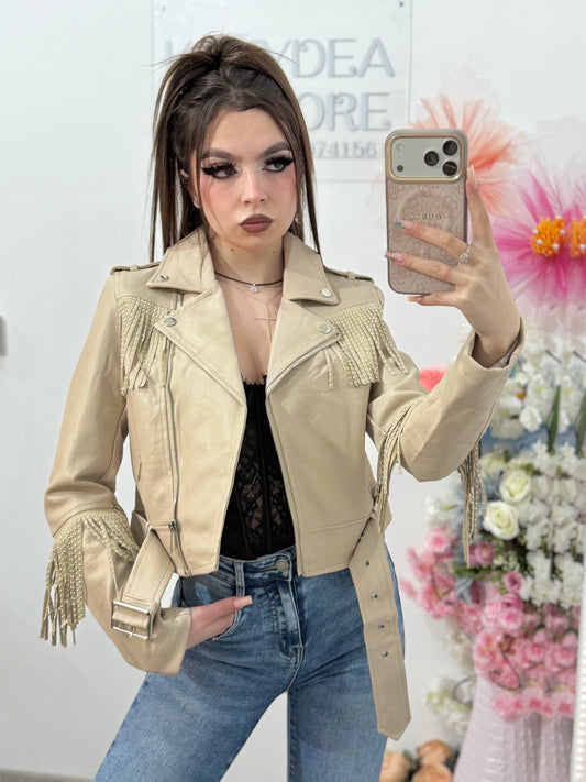 Geacă din imitație de piele cu franjuri bej MARA