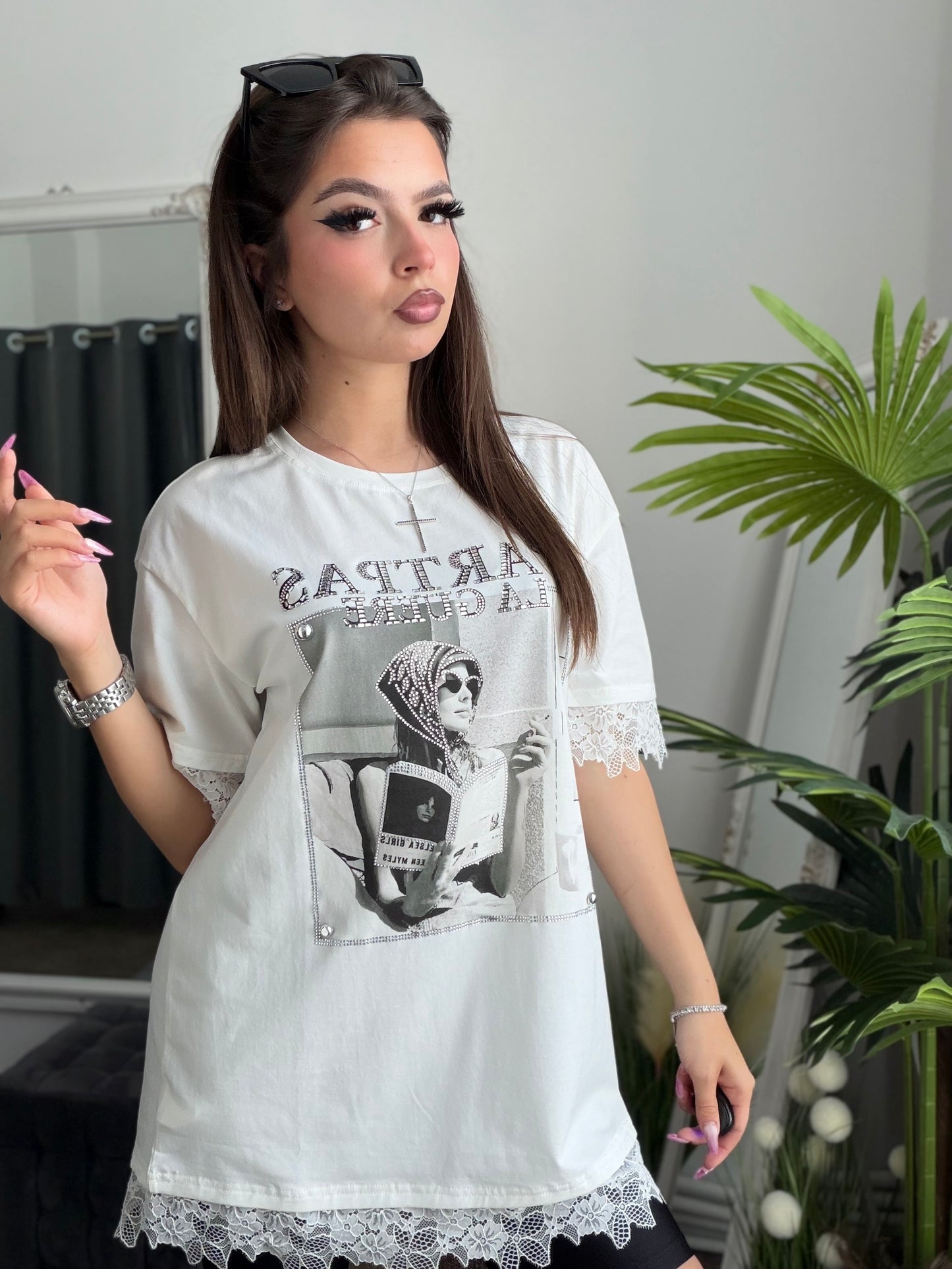 Tricou dantelat cu imprimeu alb GABY
