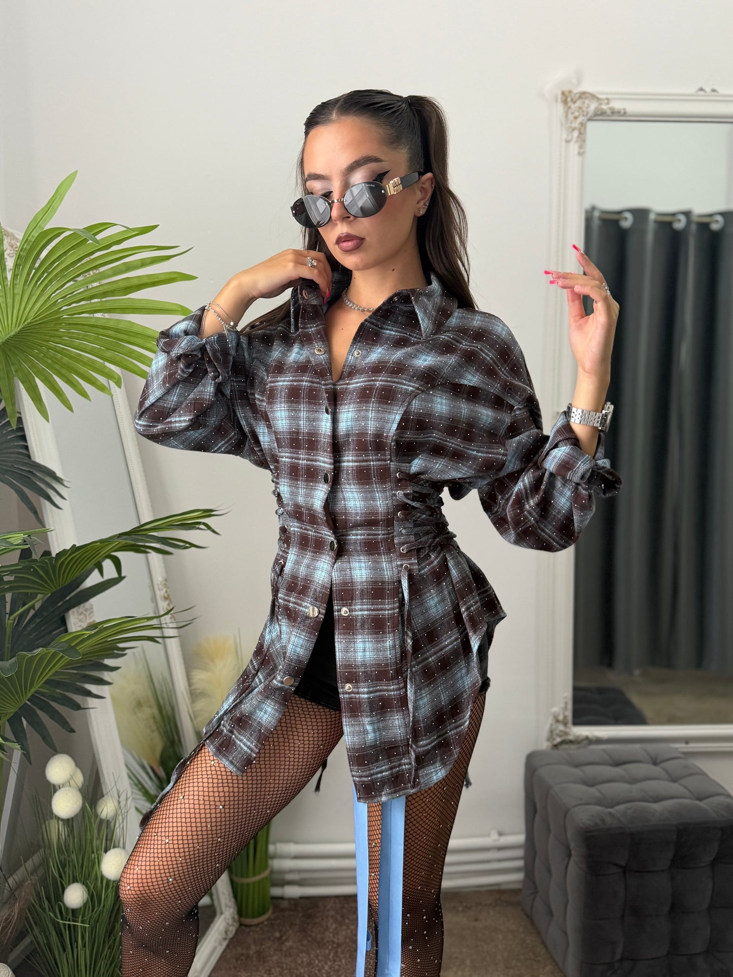 Cămașă cu corset și cristale ștanțate blue