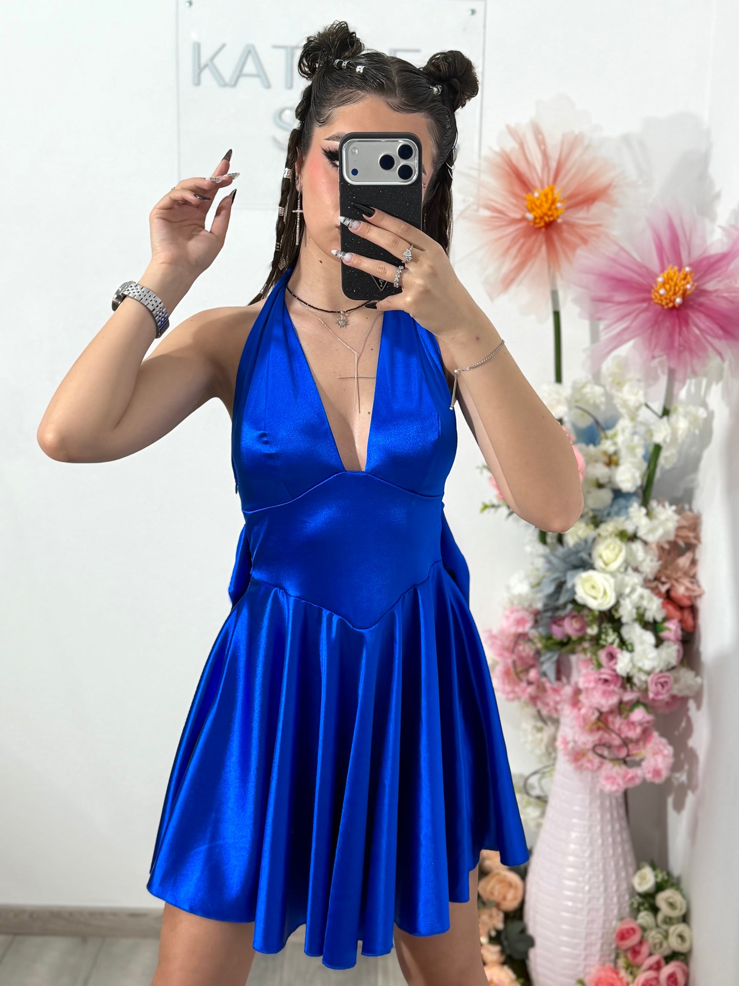 Rochie satinata cu funda BELLE albastru electric