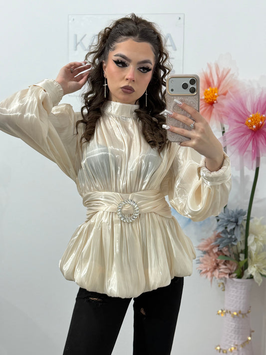 Cămașă elegantă din satin pentru femei, cu mâneci lungi și talie marcată BEIGE