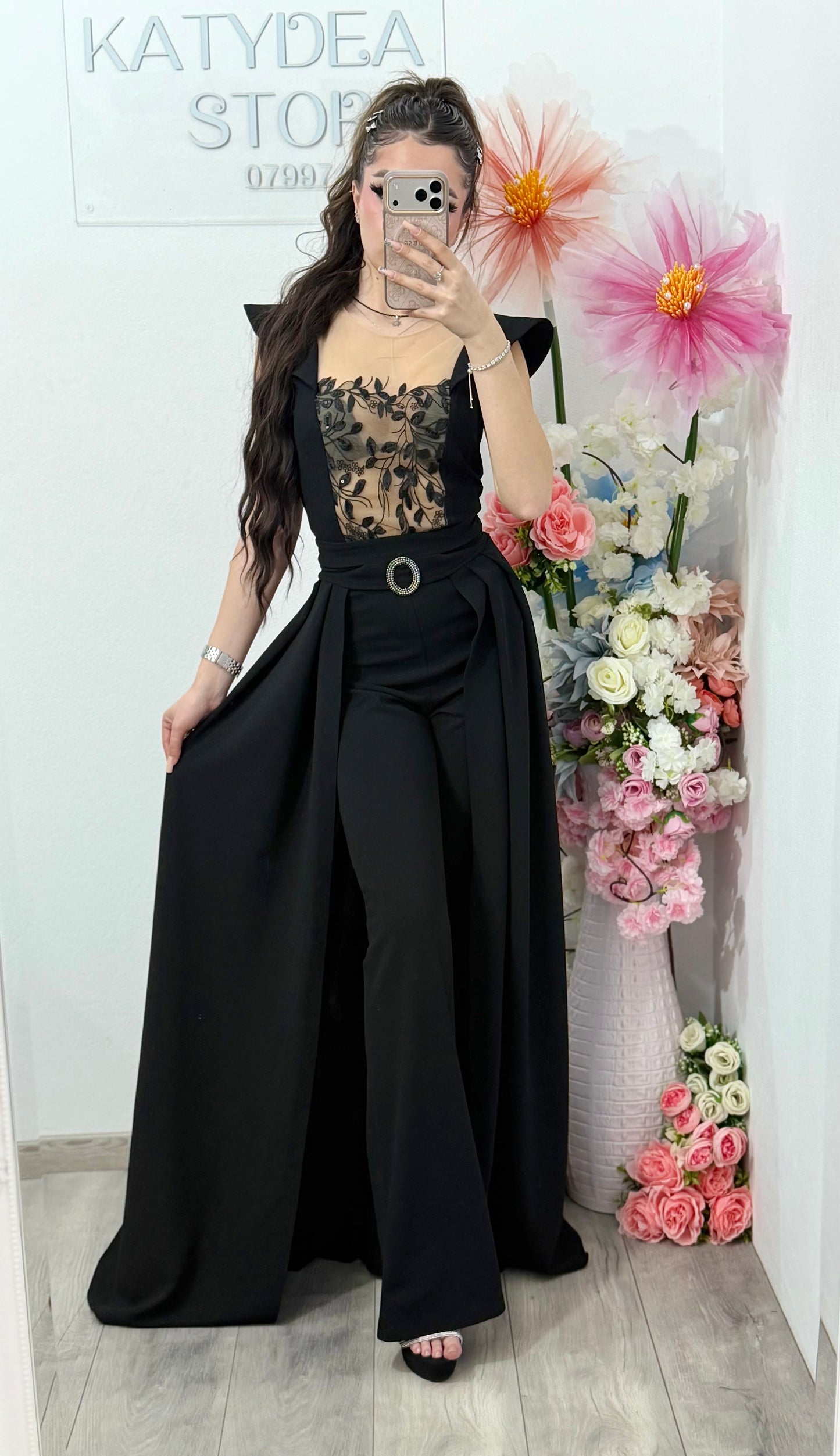 Salopeta neagra eleganta cu trena detasabilă Belle