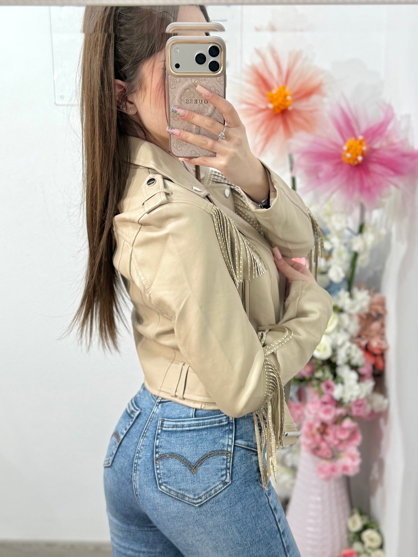 Geacă din imitație de piele cu franjuri bej MARA