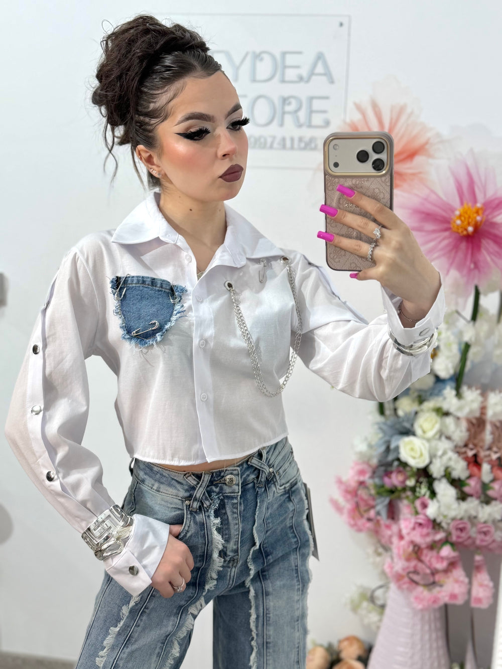 Cămașă crop cu denim și accesorii LORENA