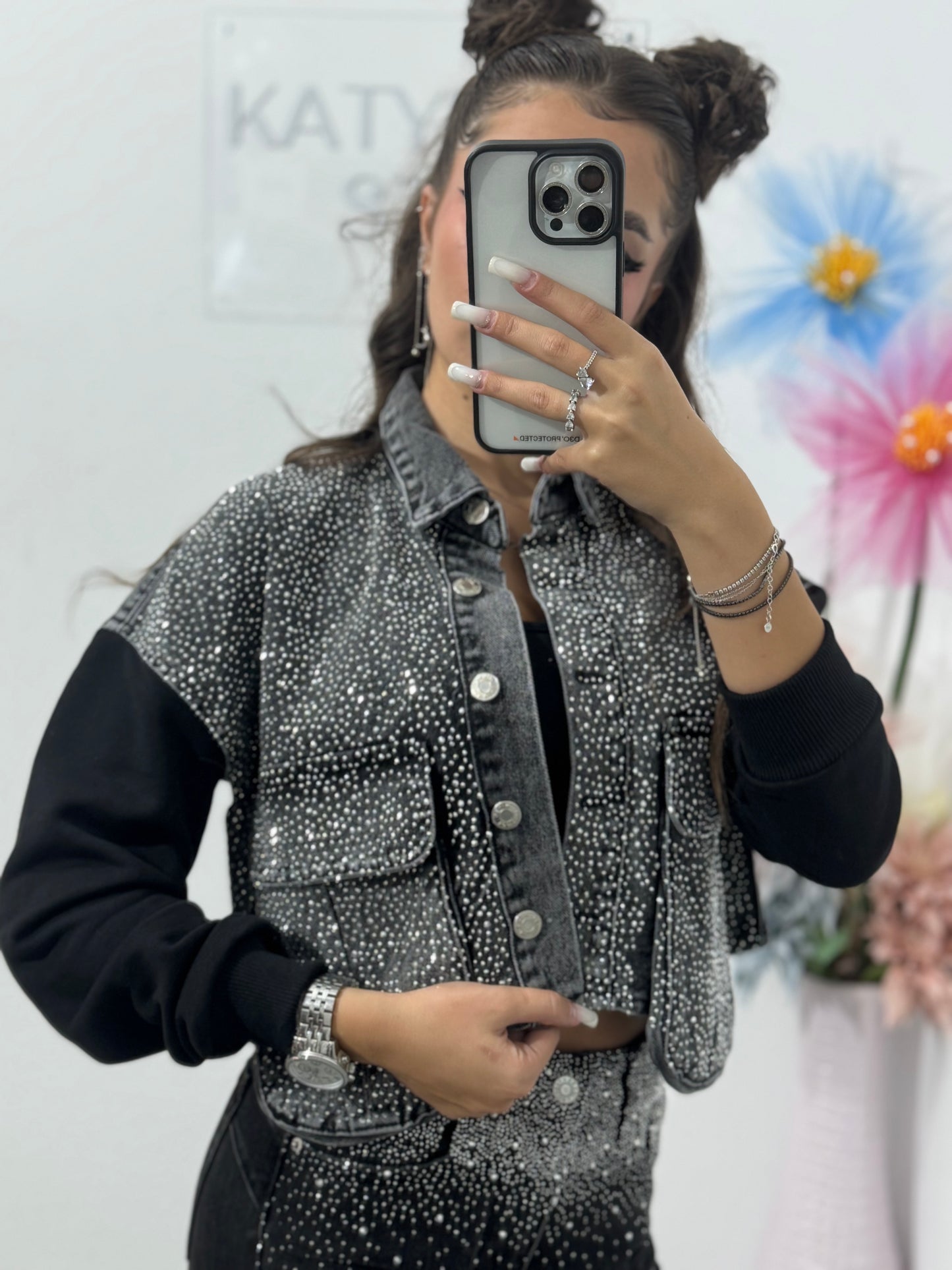 Geacă din denim gri cu cristale ștanțate Elena