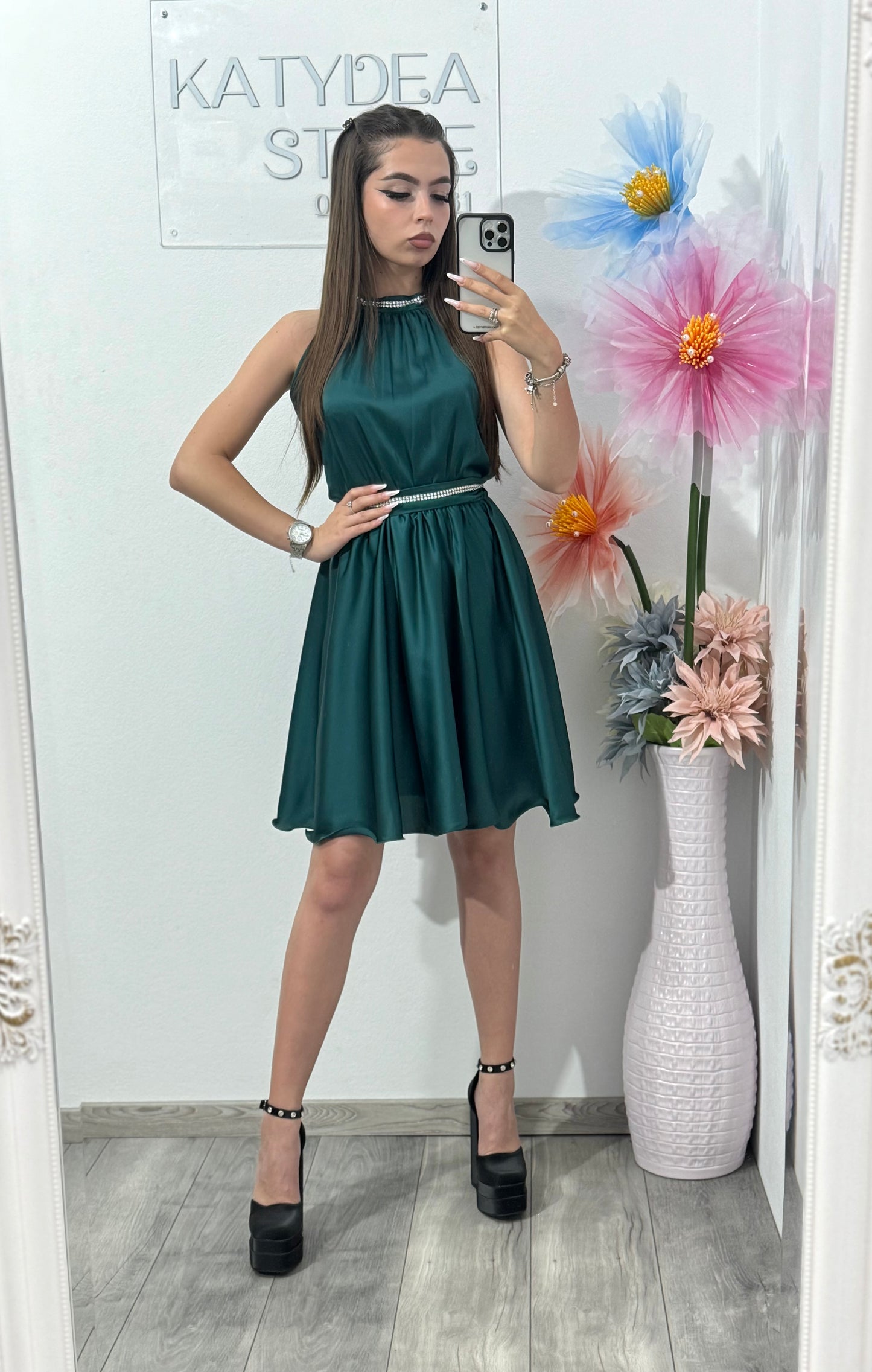 Rochie din satin verde negru Anastasia