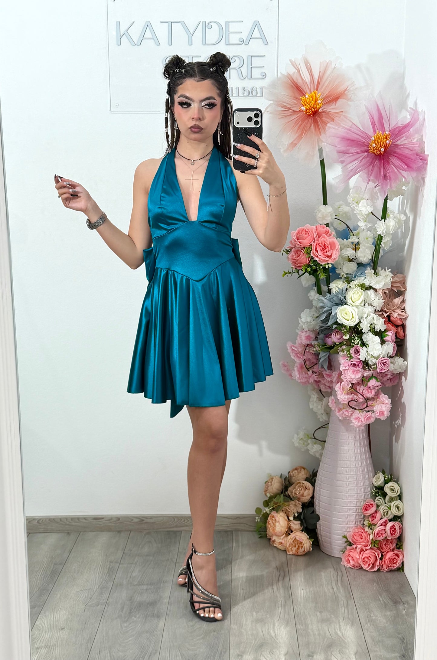 Rochie satinata cu funda BELLE turcoaz