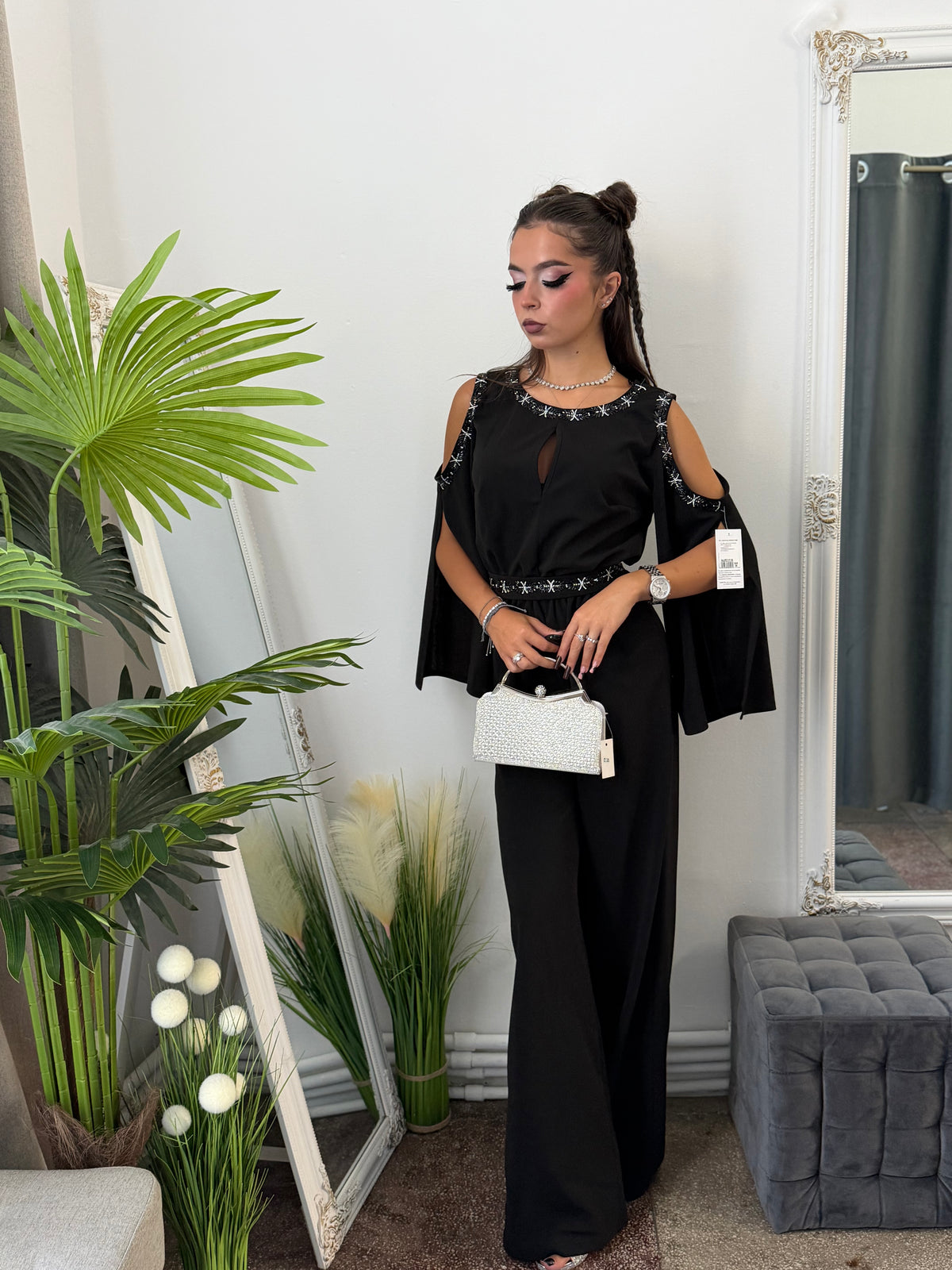 Salopetă elegantă neagra cu detalii argintii ELSA