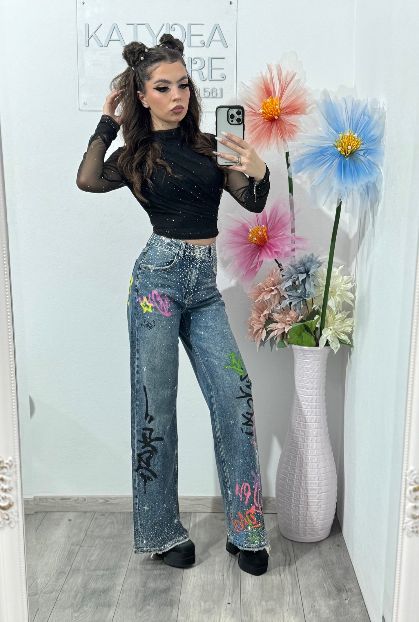 Jeans WideLeg cu cristale și grafitti ANDREE