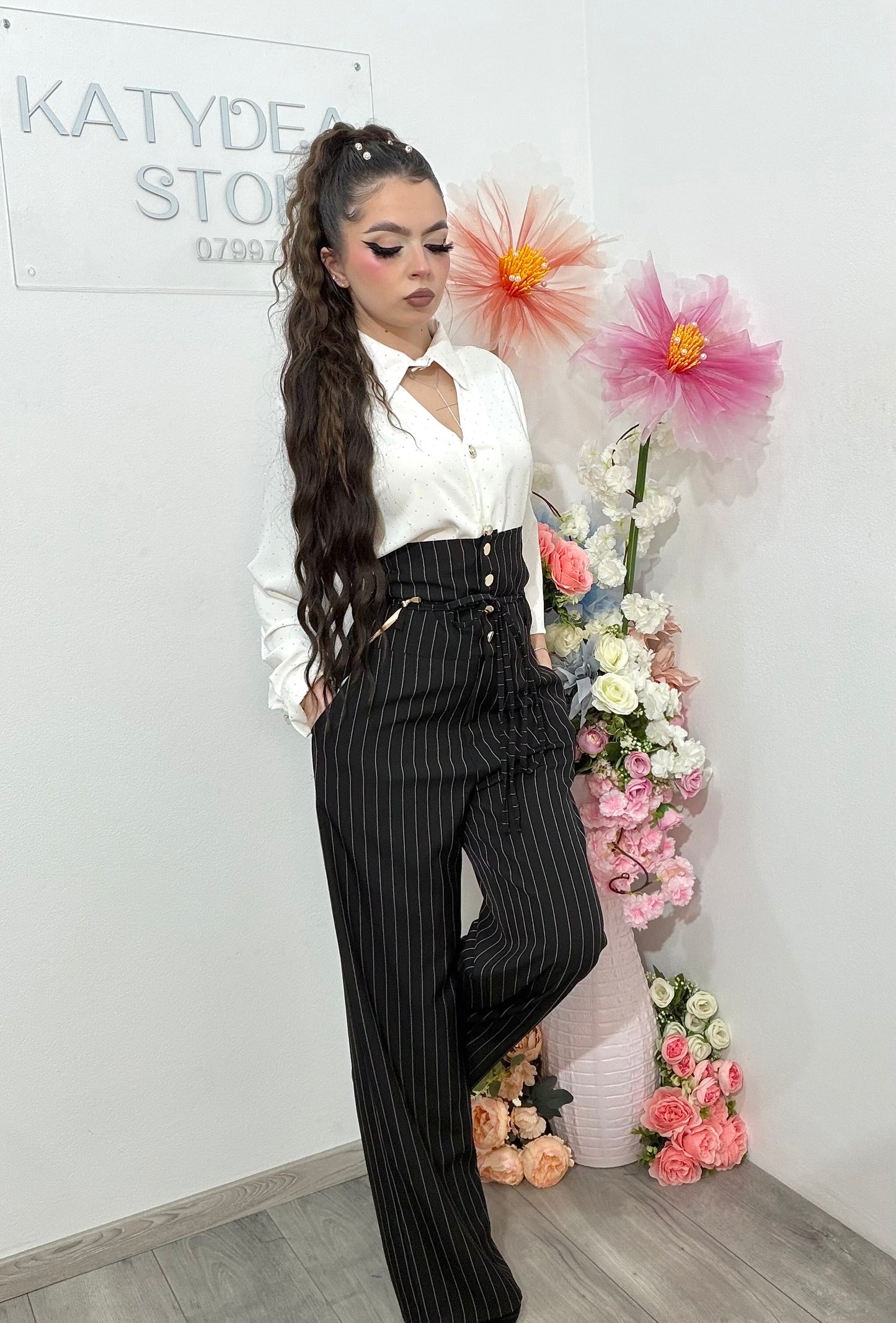 Pantaloni WideLeg cu dungi și talie înaltă negri NADIA