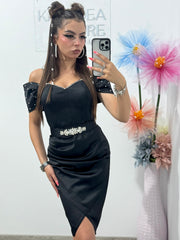 Rochie scurtă din tafta cu perle neagră Nicolle