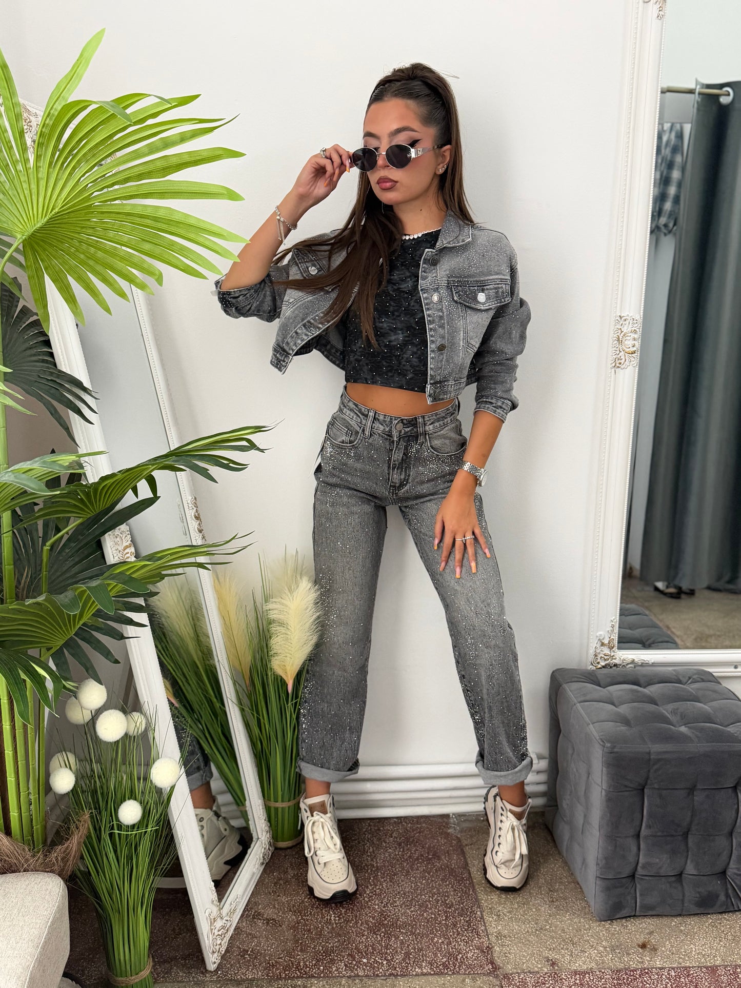 Jeans WideLeg gri cu cristale ștanțate CAMY