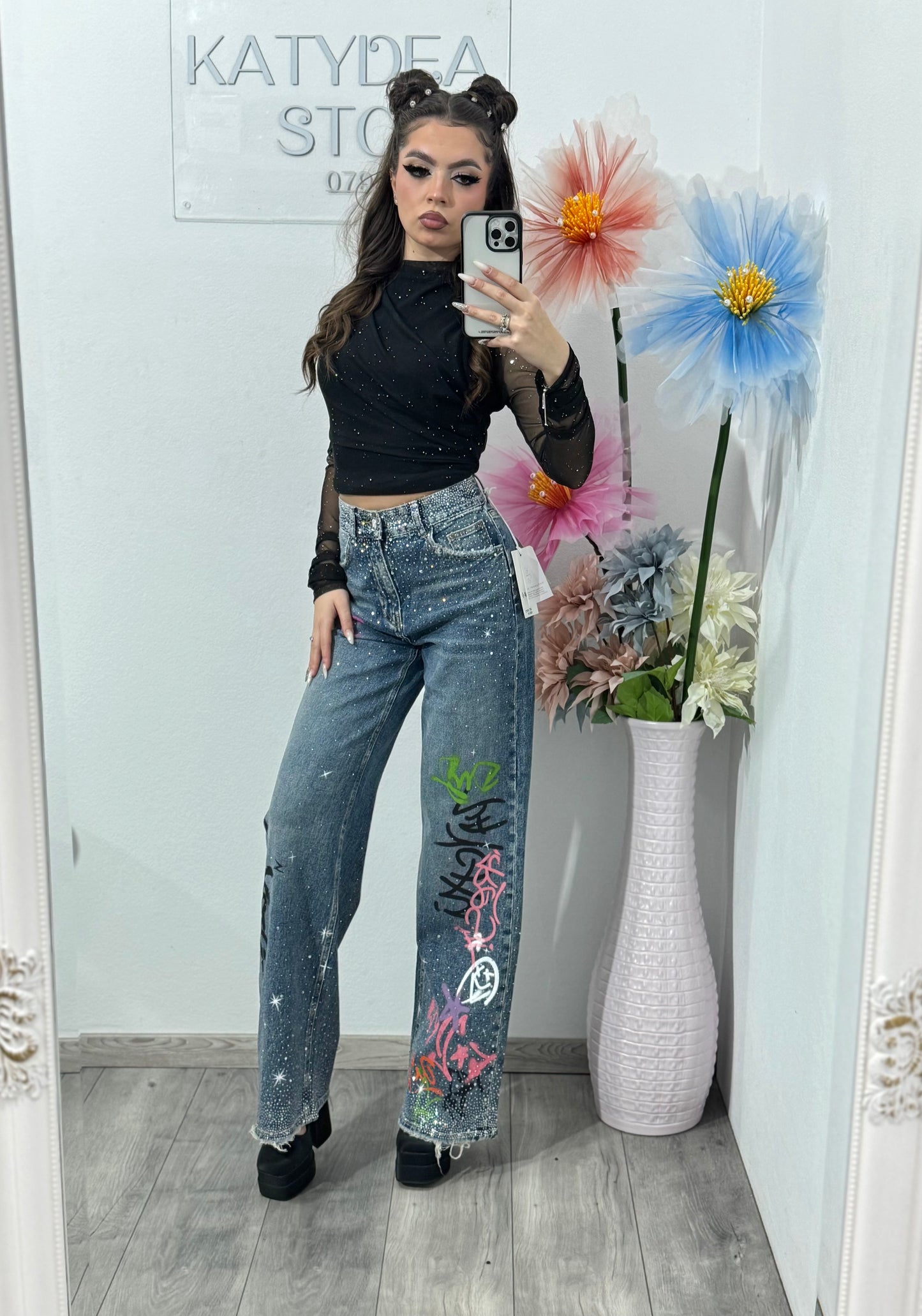 Jeans WideLeg cu cristale și grafitti ANDREE