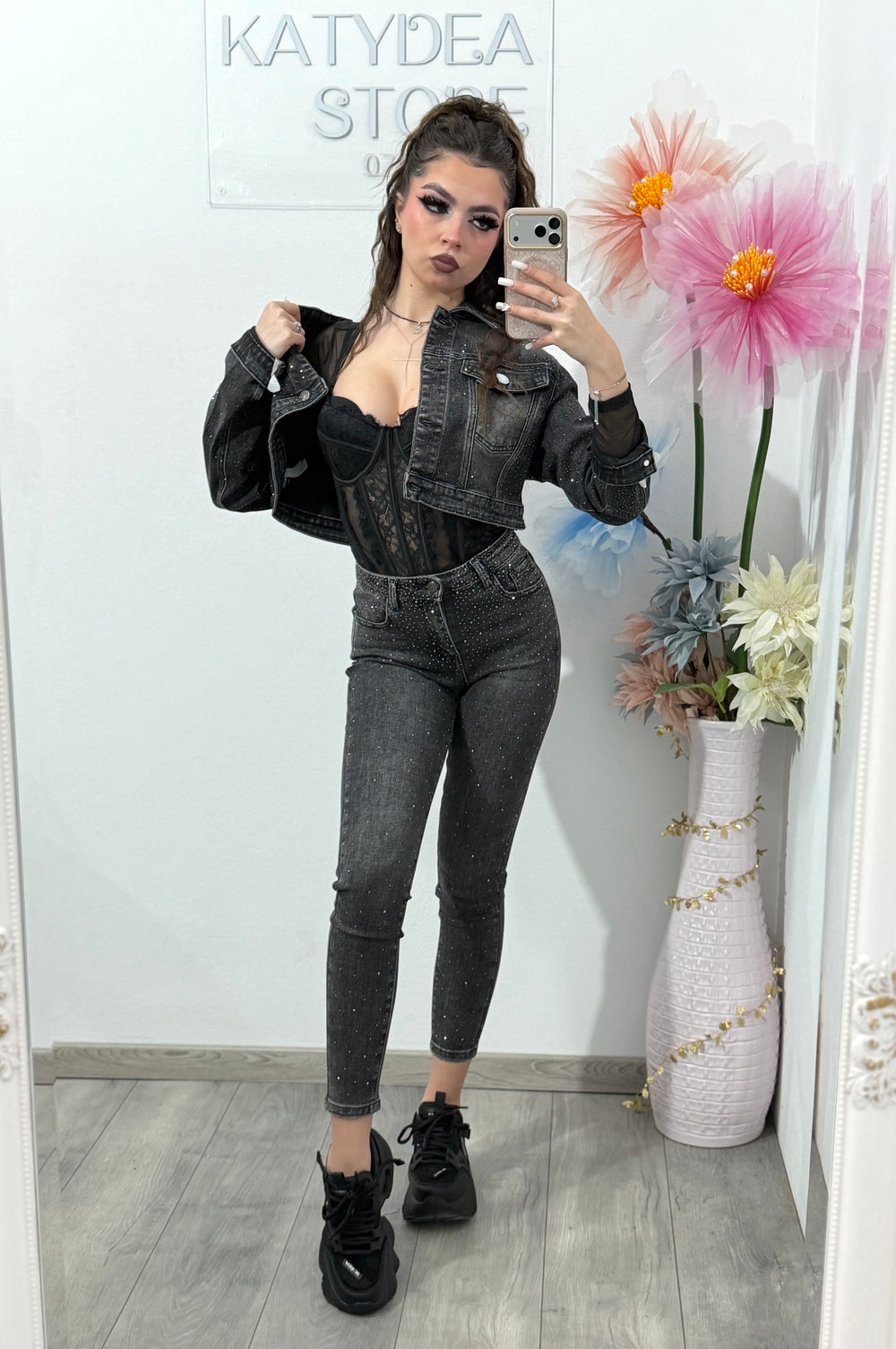 Jeans skinny gri cu cristale DANNA