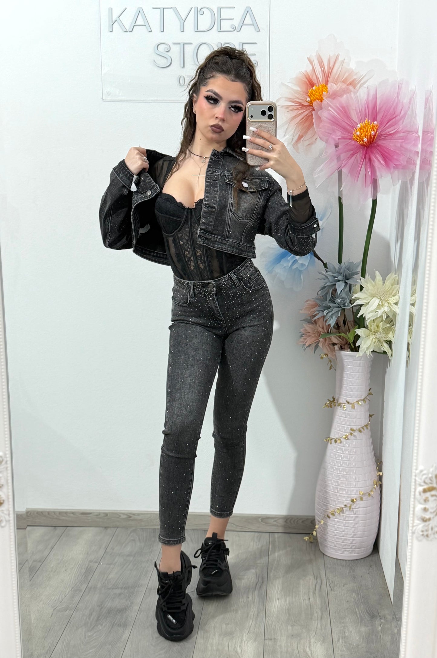 Jeans skinny gri cu cristale DANNA