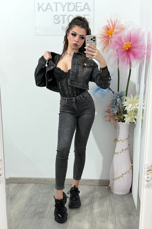 Jeans skinny gri cu cristale DANNA