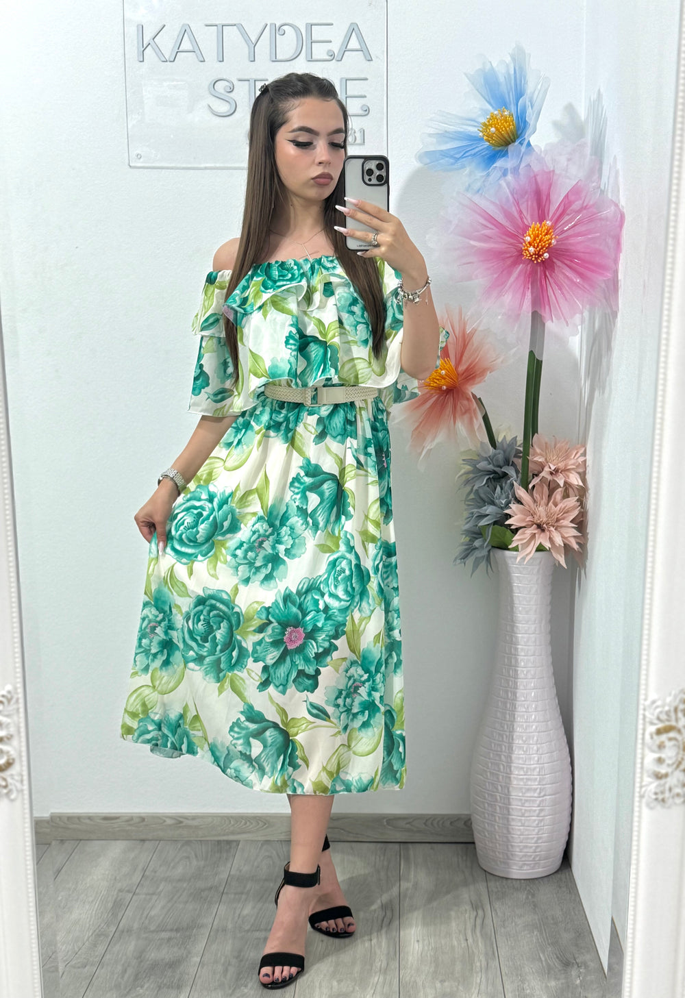 Rochie cu imprimeu floral verde